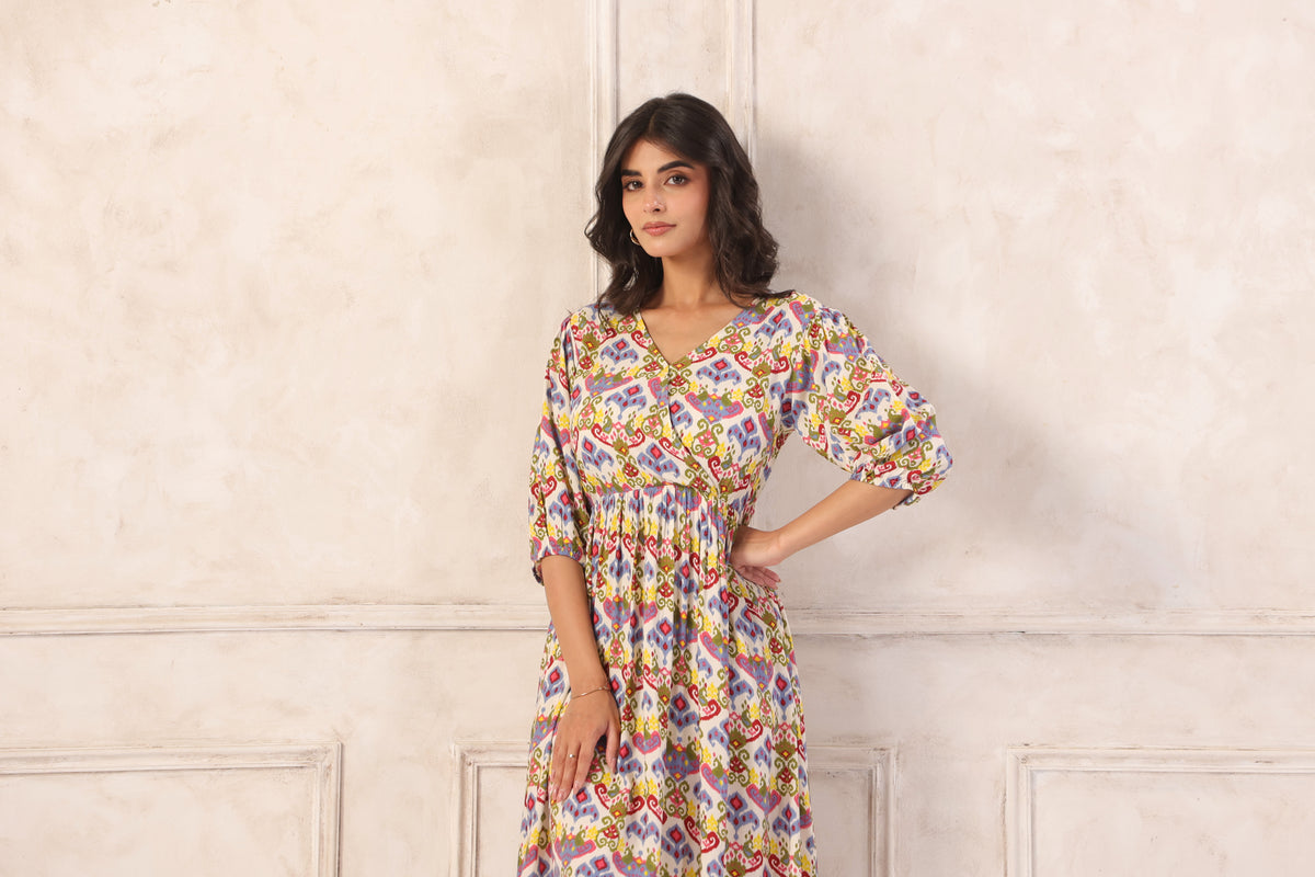 Off White Floral Block Print Cotton Angrakha Midi Dress