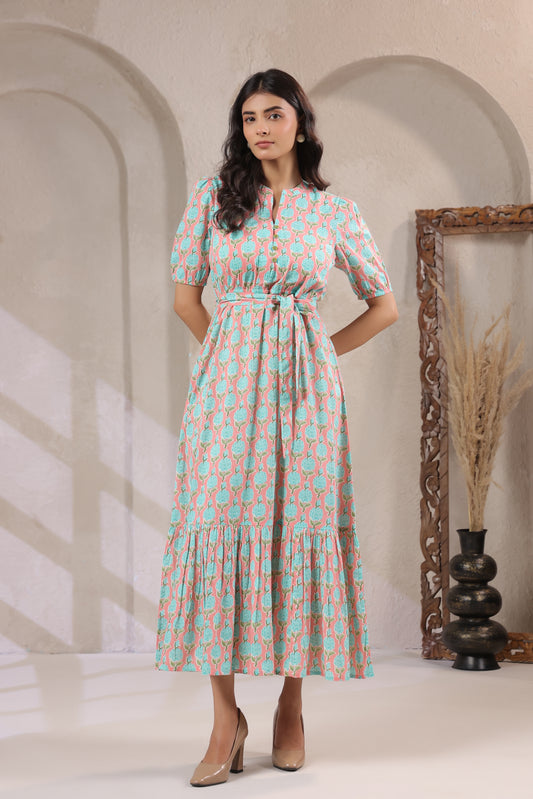 Pink Floral Cotton Maxi Dress with Belt – A-Line Silhouette