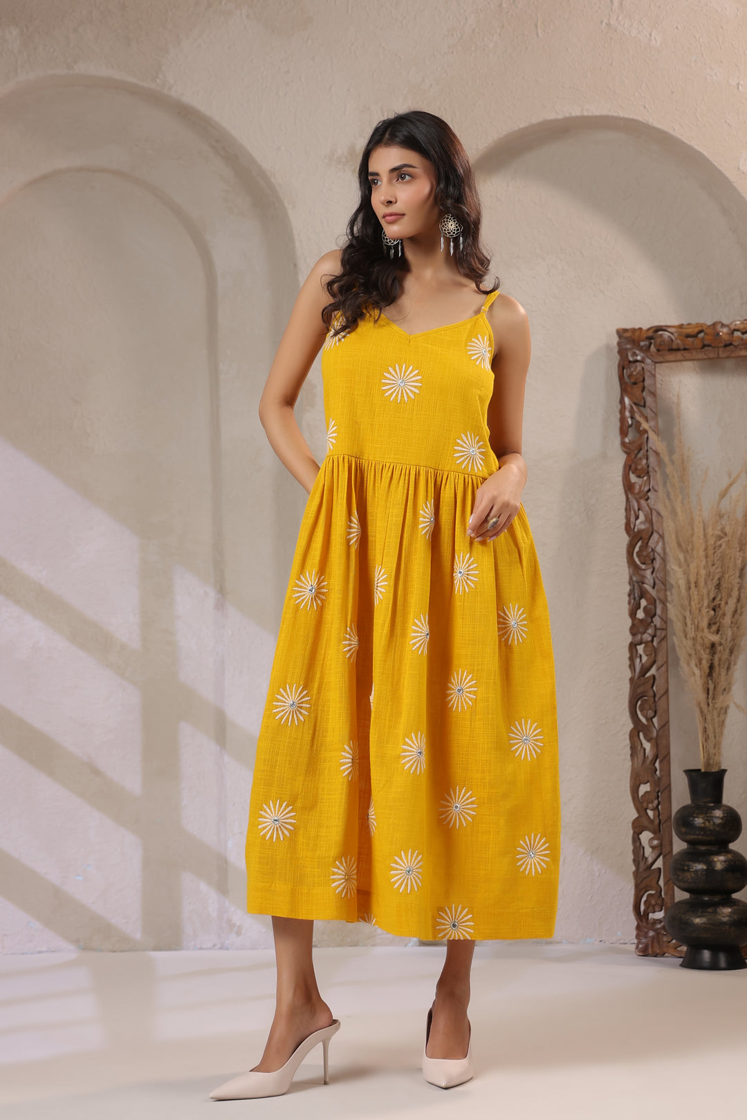 Yellow floral embroidered cotton dress for women, elegant daily wear with V-neck and flared skirt
