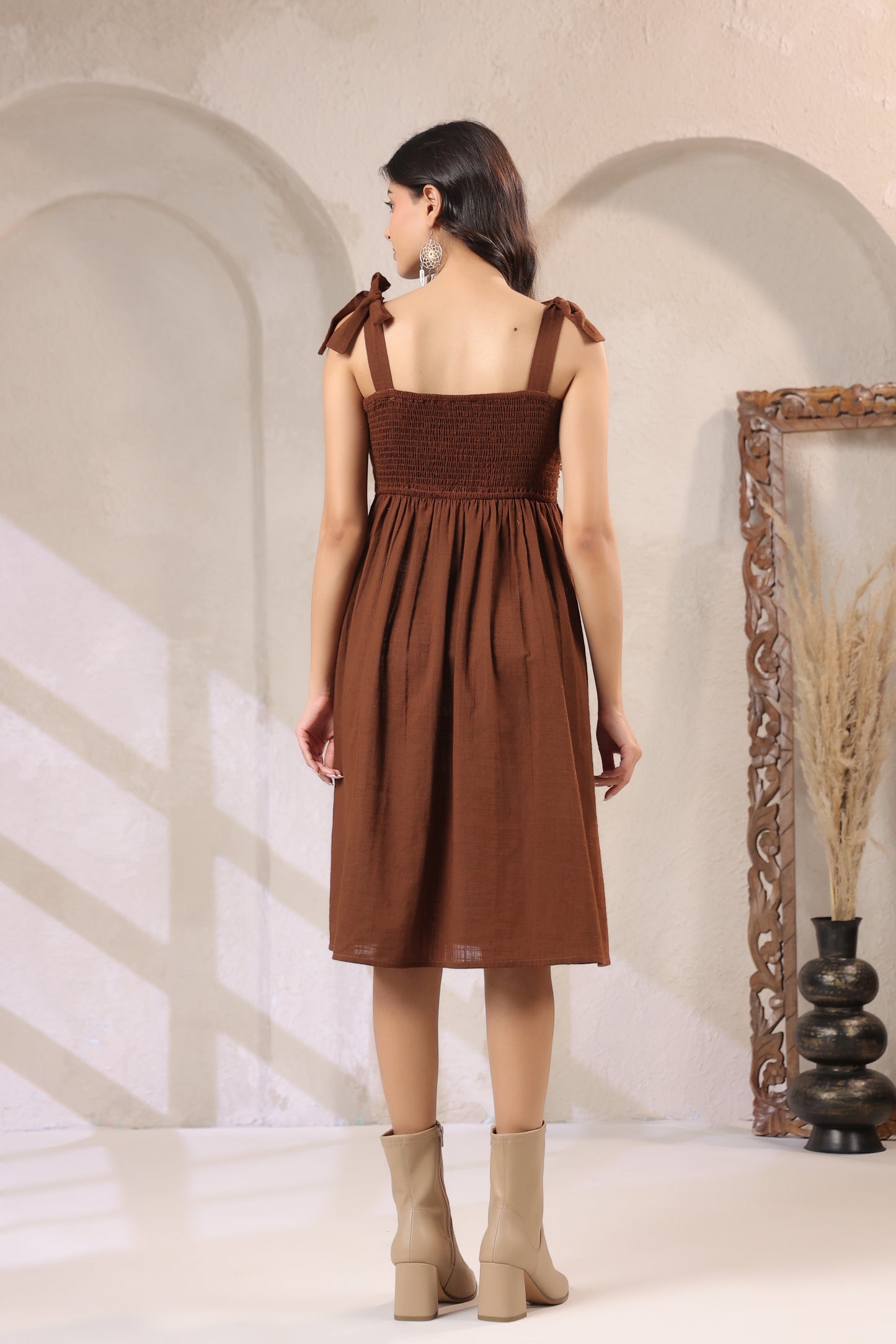 Coffee Embroidered Fit & Flare Dress – Sweetheart Neck Strappy Party Wear (Above Knee)