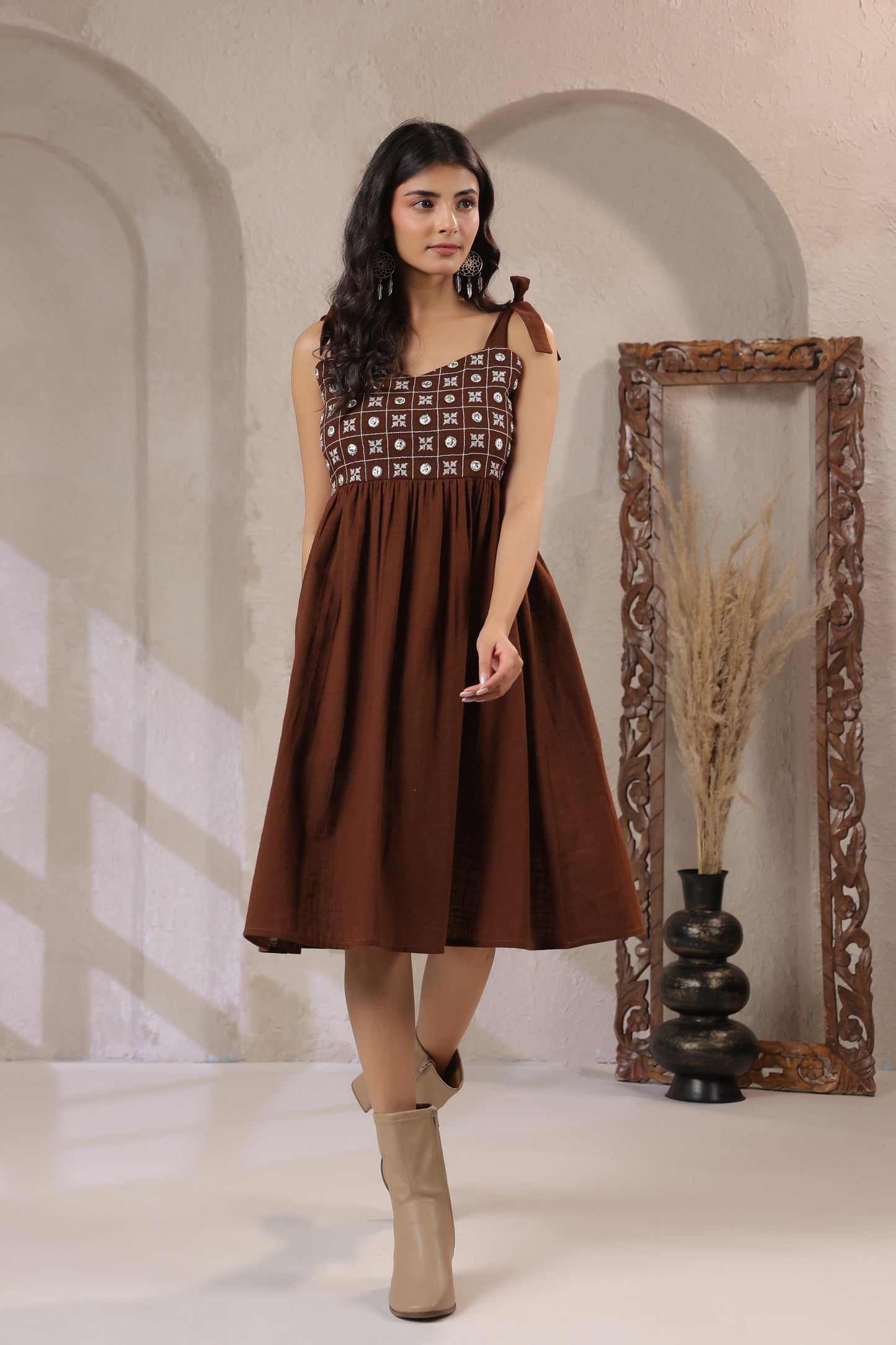Coffee Embroidered Fit & Flare Dress – Sweetheart Neck Strappy Party Wear (Above Knee)