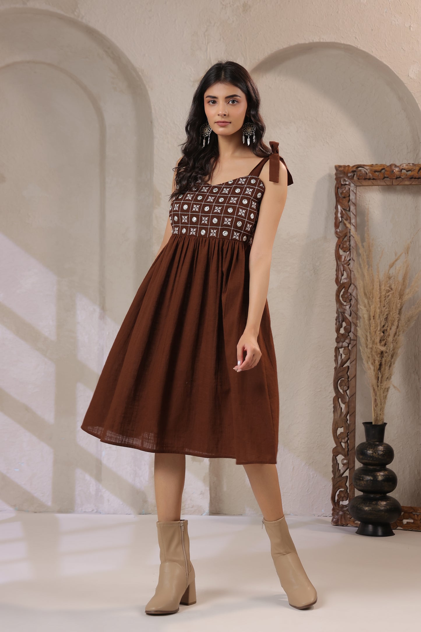 Coffee Embroidered Fit & Flare Dress – Sweetheart Neck Strappy Party Wear (Above Knee)