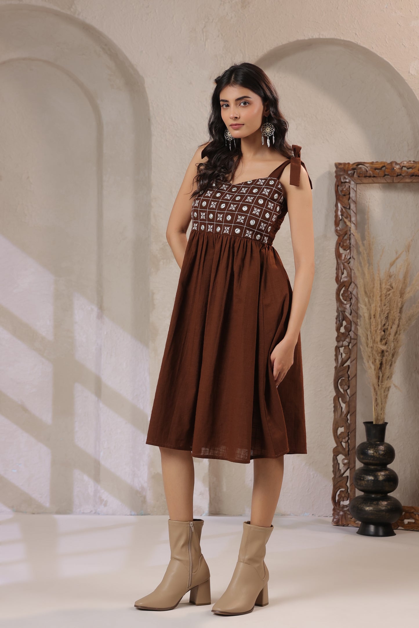 Coffee Embroidered Fit & Flare Dress – Sweetheart Neck Strappy Party Wear (Above Knee)