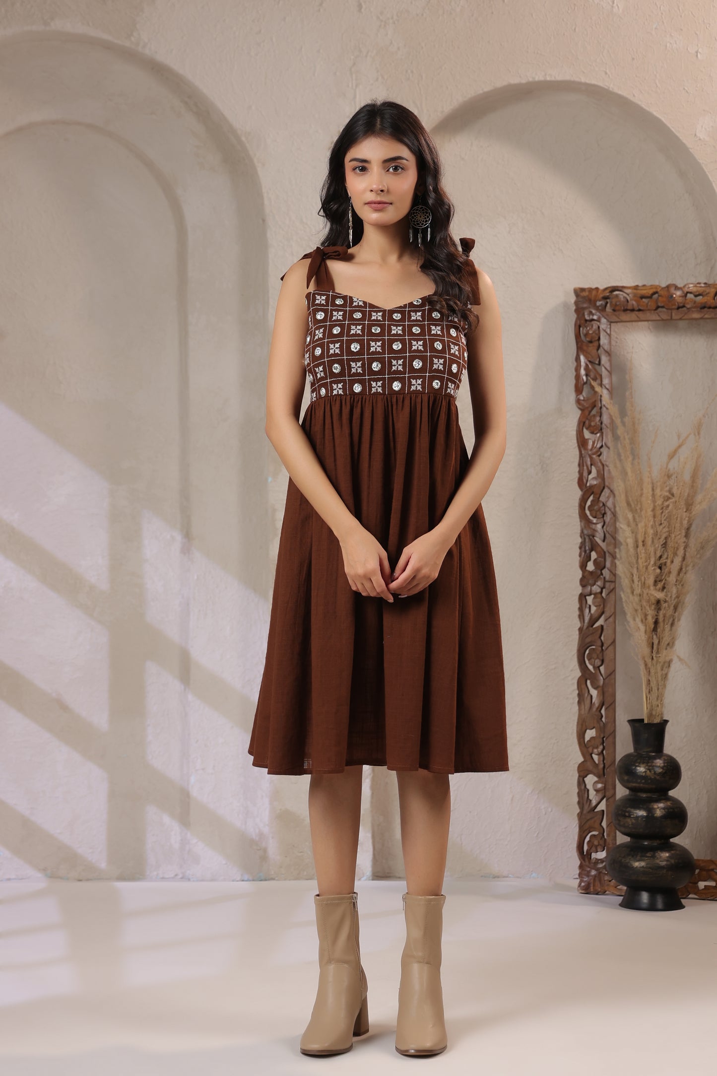 Coffee Embroidered Fit & Flare Dress – Sweetheart Neck Strappy Party Wear (Above Knee)
