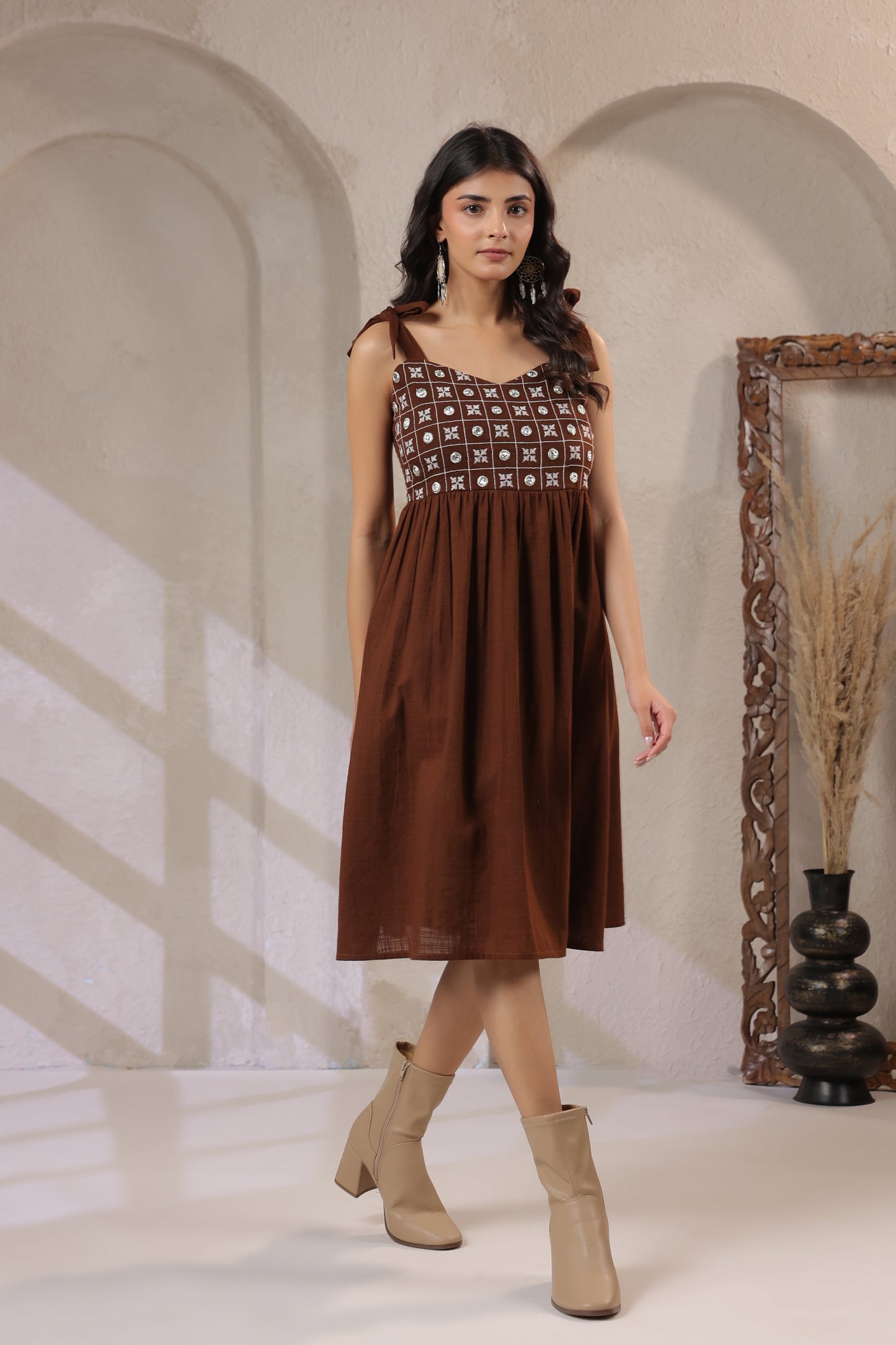 Coffee Embroidered Fit & Flare Dress – Sweetheart Neck Strappy Party Wear (Above Knee)