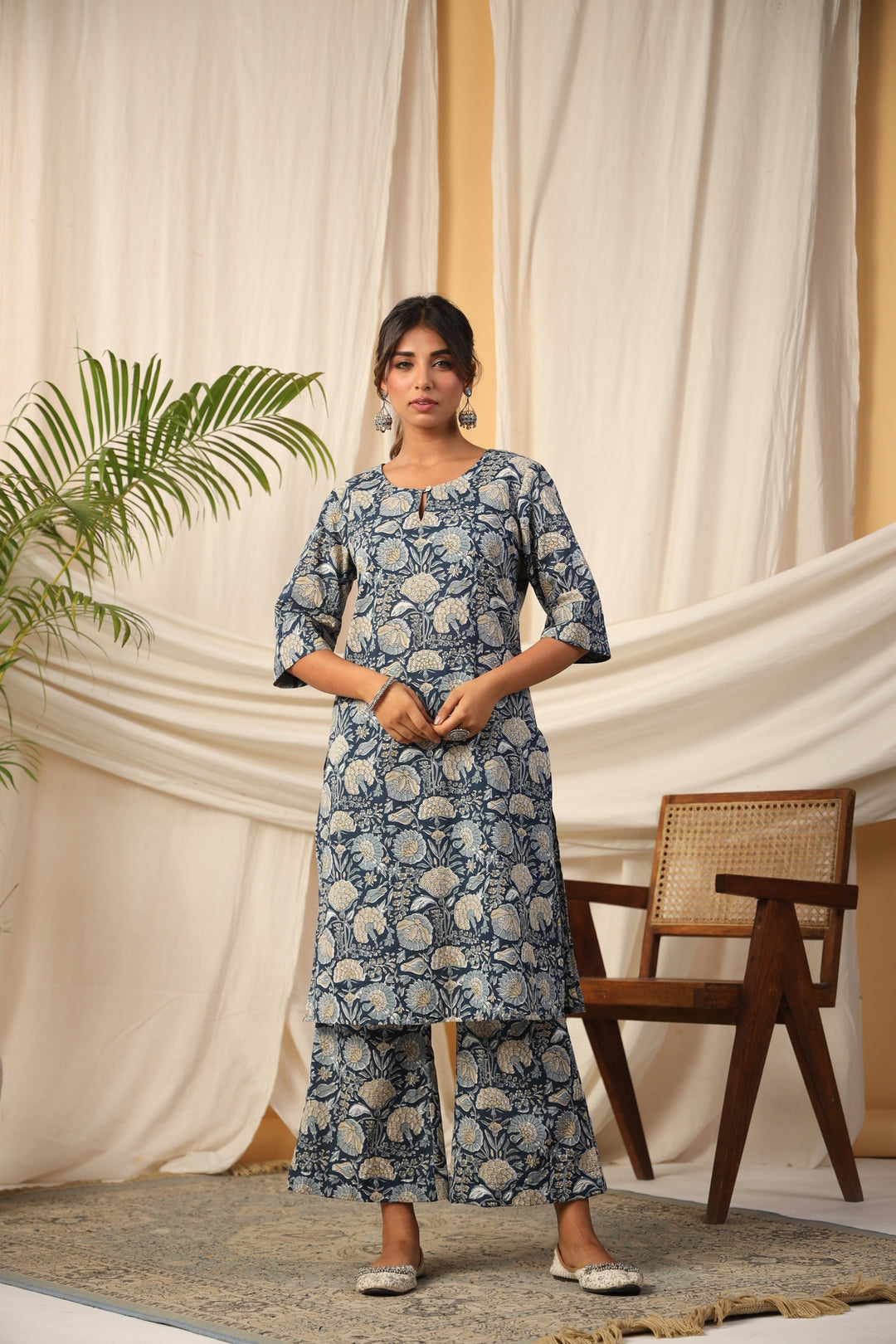 Blue floral print cotton kurta set with palazzo pants, elegant for daily wear or office