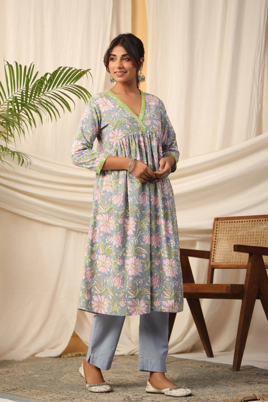 Powder Blue Floral Printed Kurta Set