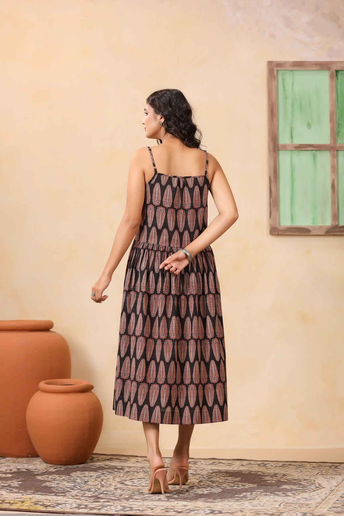 Black Leaf Print Spaghetti Strap Dress