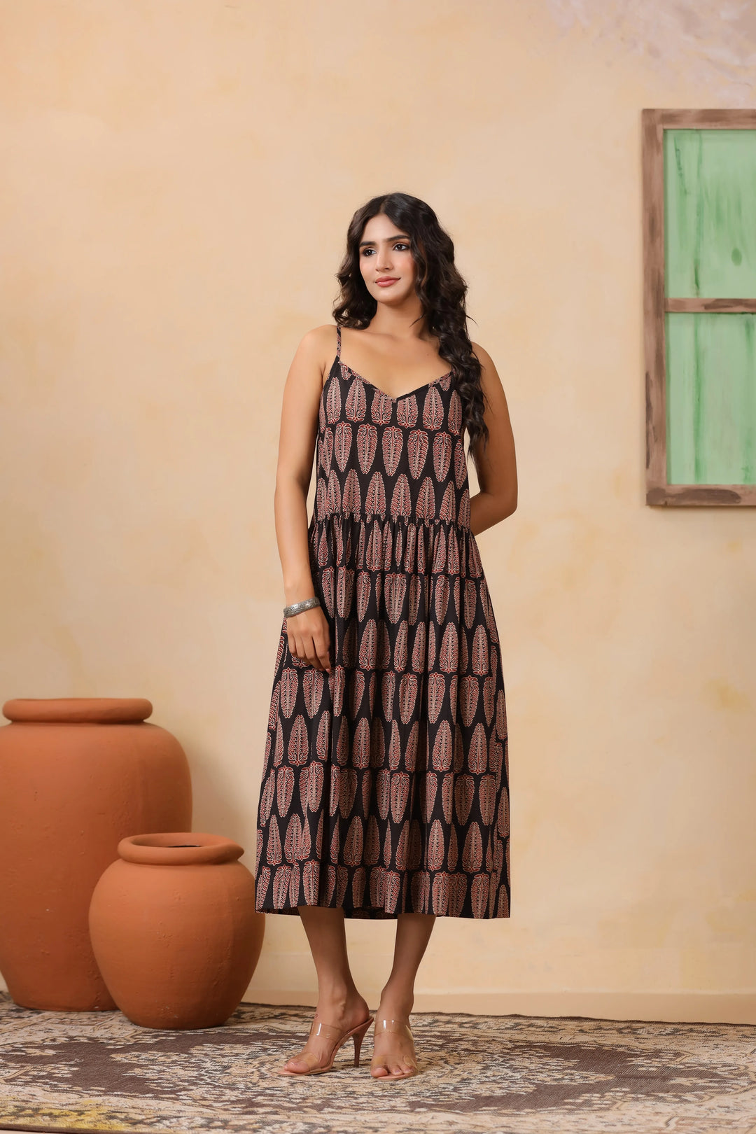 Black Geometric Print Cotton Midi Dress
