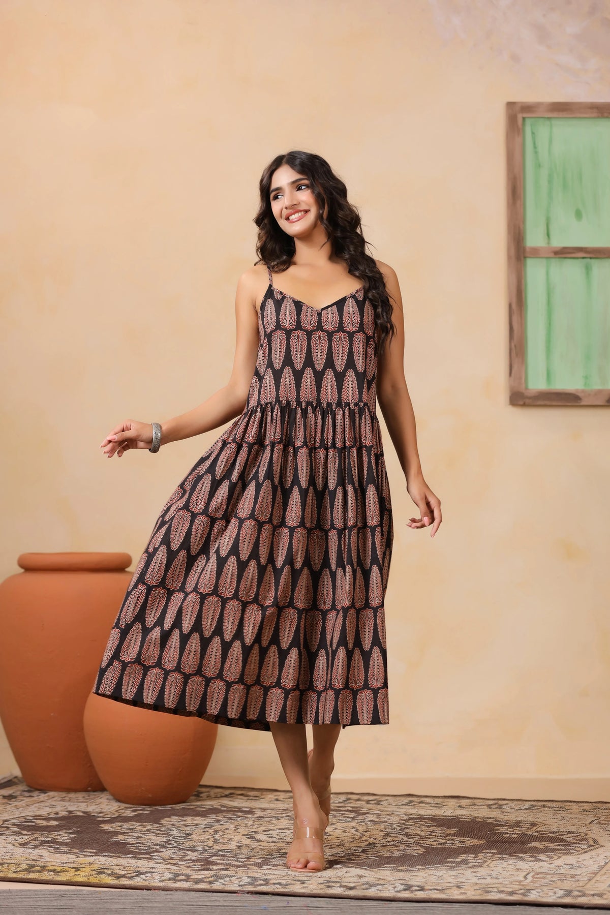 Black Leaf Print Spaghetti Strap Dress