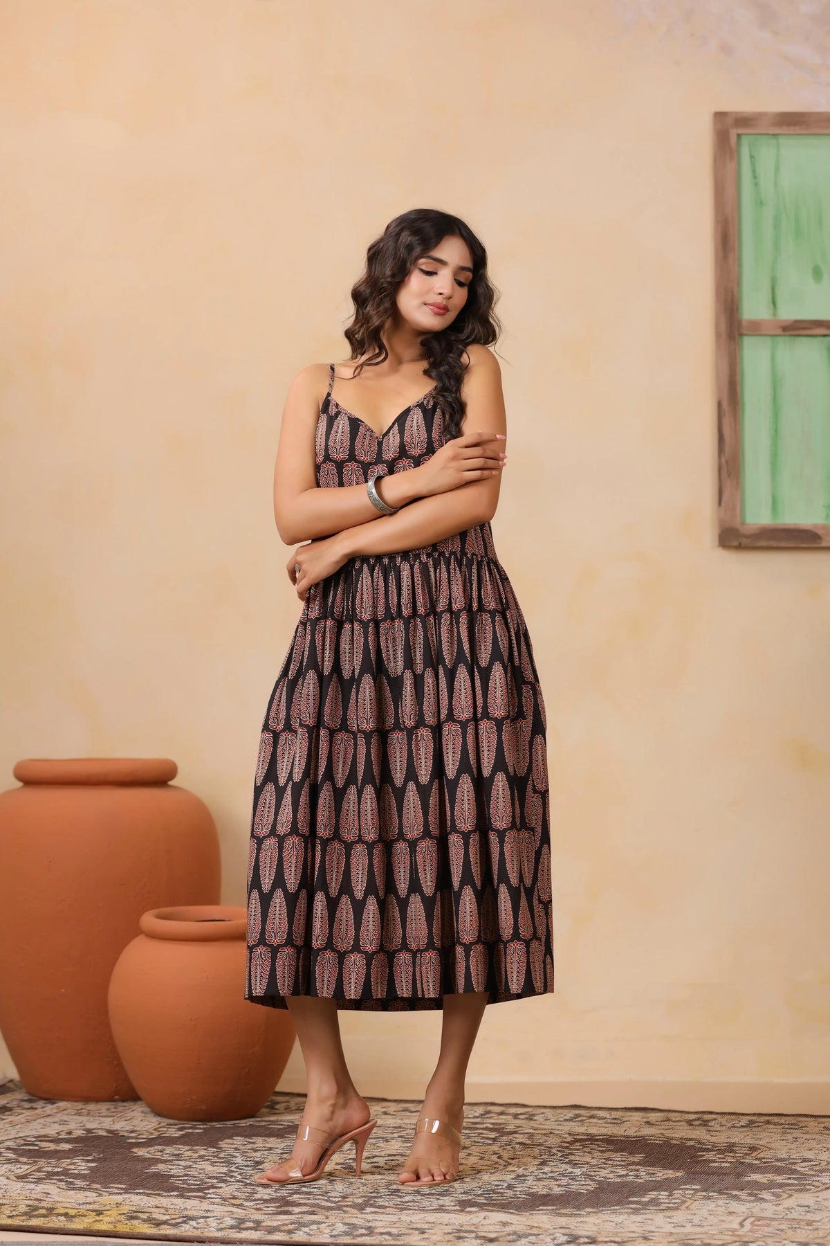 Black Leaf Print Spaghetti Strap Dress