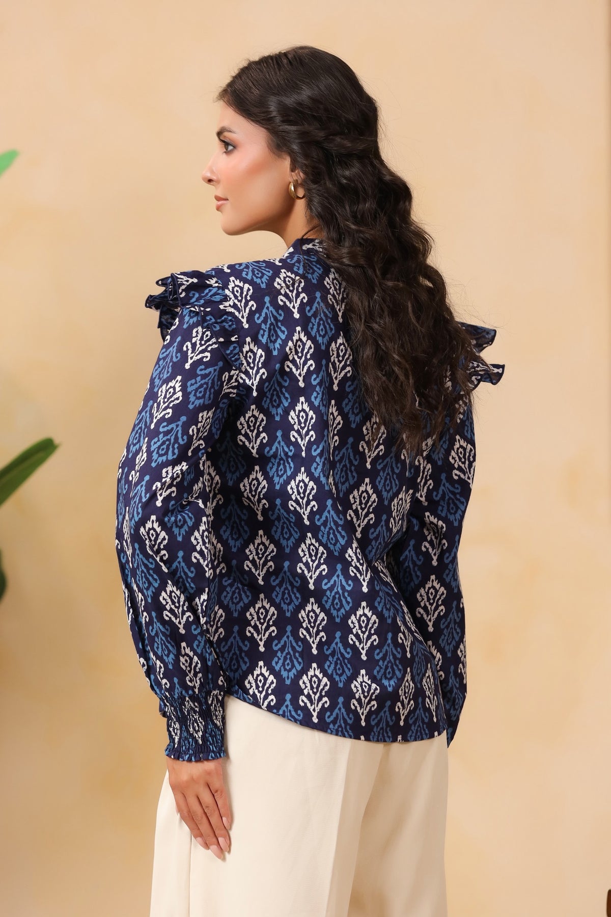 Navy Blue Ikat Print Ruffle-Sleeve Shirt