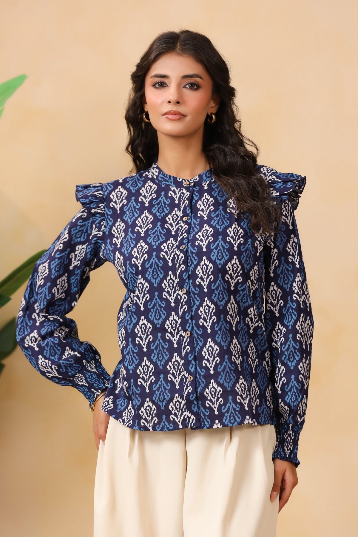 Navy Blue Ikat Print Ruffle-Sleeve Shirt