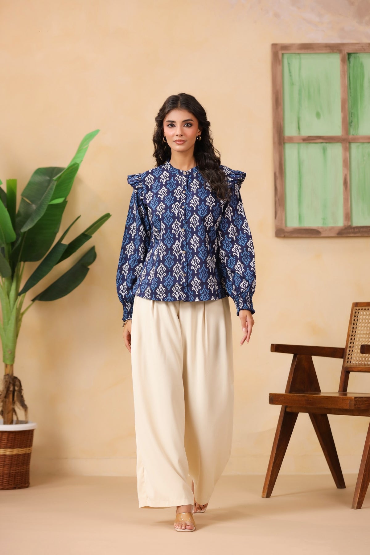 Navy Blue Ikat Print Ruffle-Sleeve Shirt
