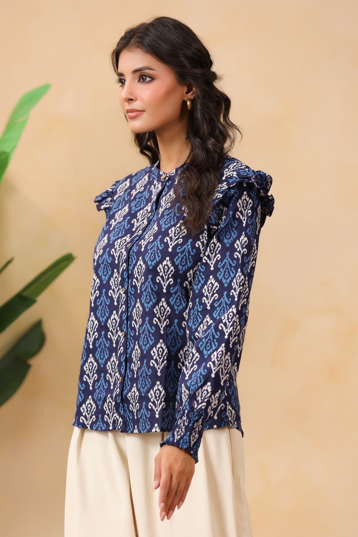 Navy Blue Ikat Print Ruffle-Sleeve Shirt