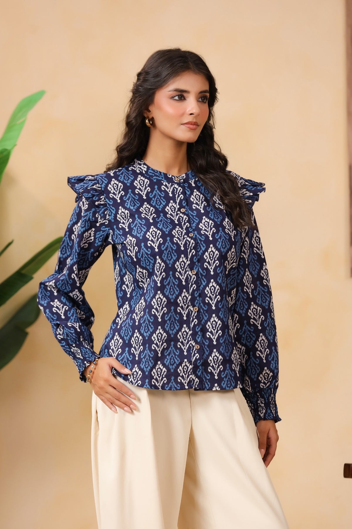 Navy Blue Ikat Print Ruffle-Sleeve Shirt