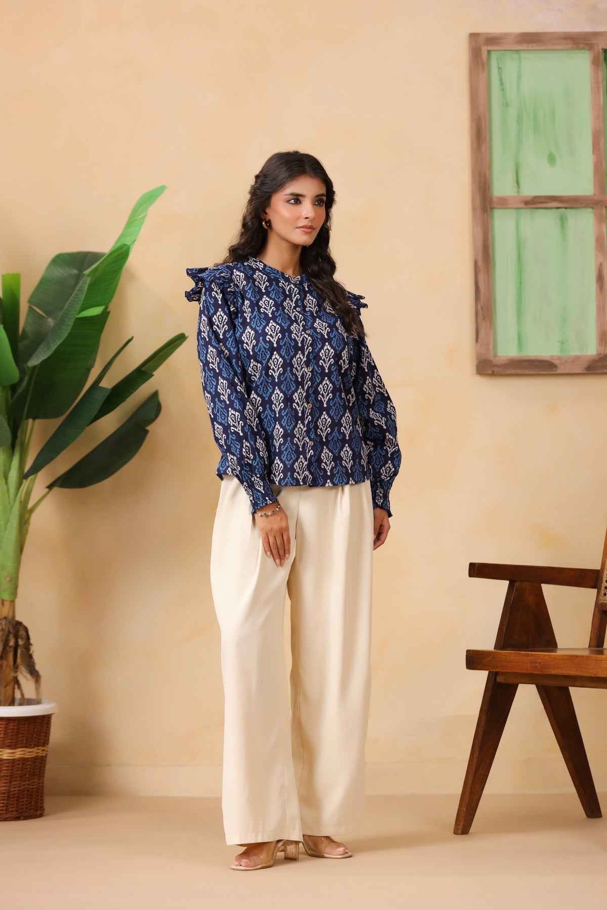 Navy Blue Ikat Print Ruffle-Sleeve Shirt