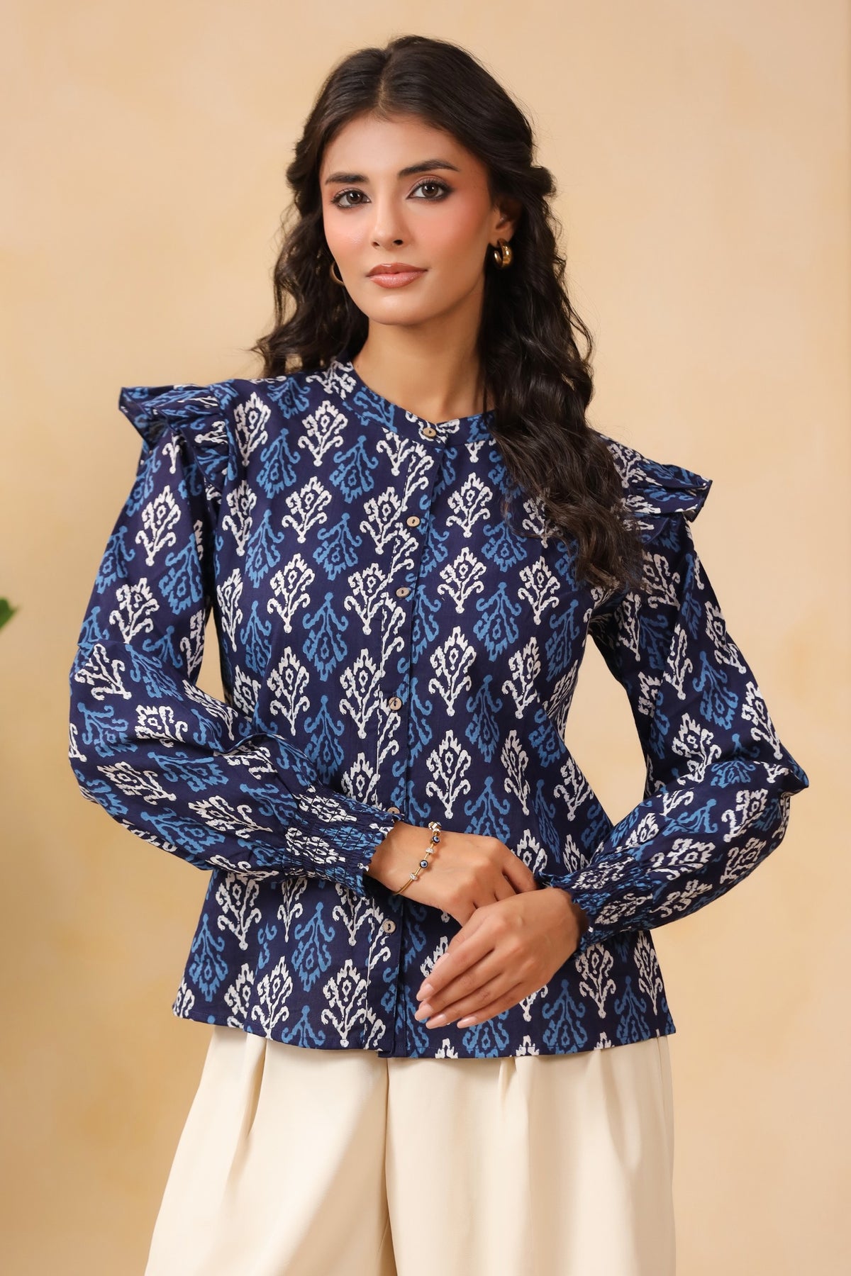 Navy Blue Ikat Print Ruffle-Sleeve Shirt