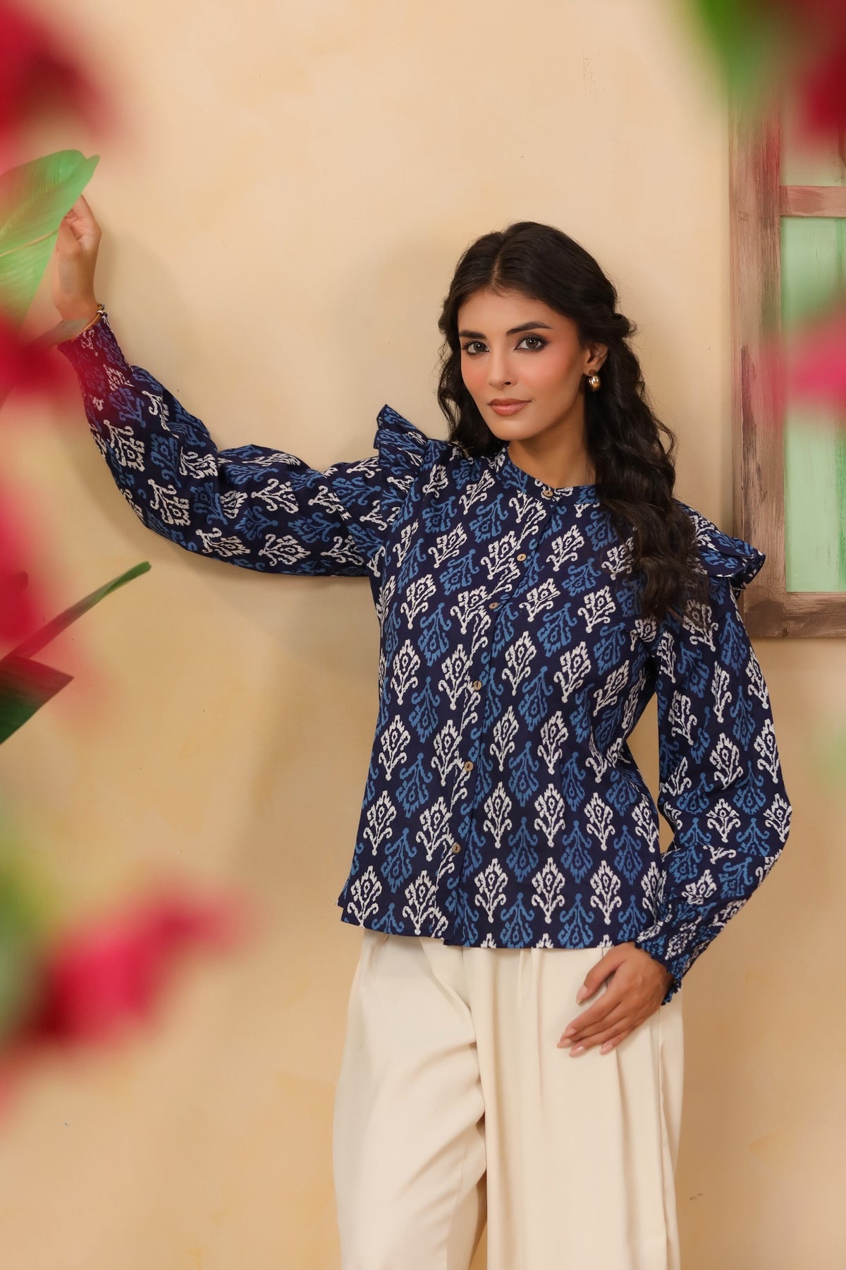 Navy Blue Ikat Print Ruffle-Sleeve Shirt