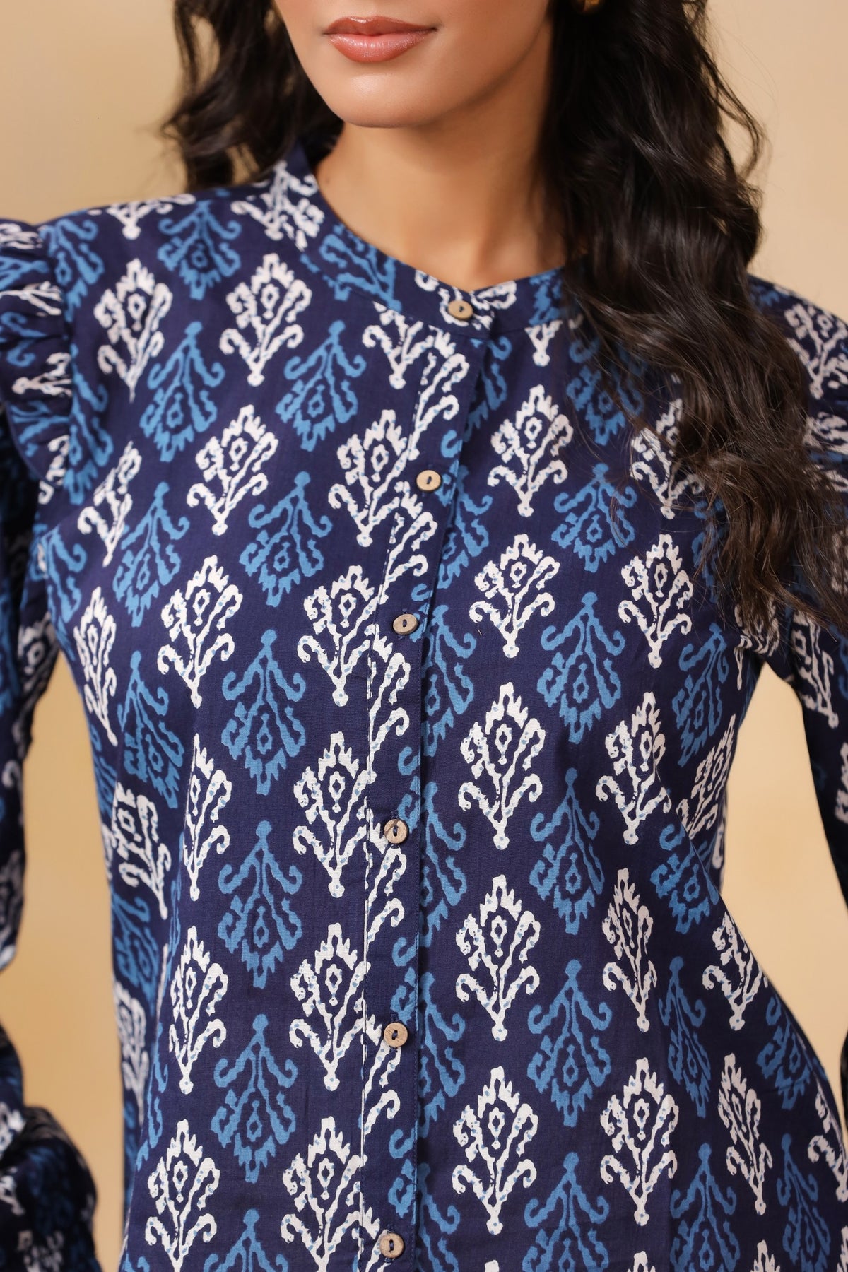 Navy Blue Ikat Print Ruffle-Sleeve Shirt