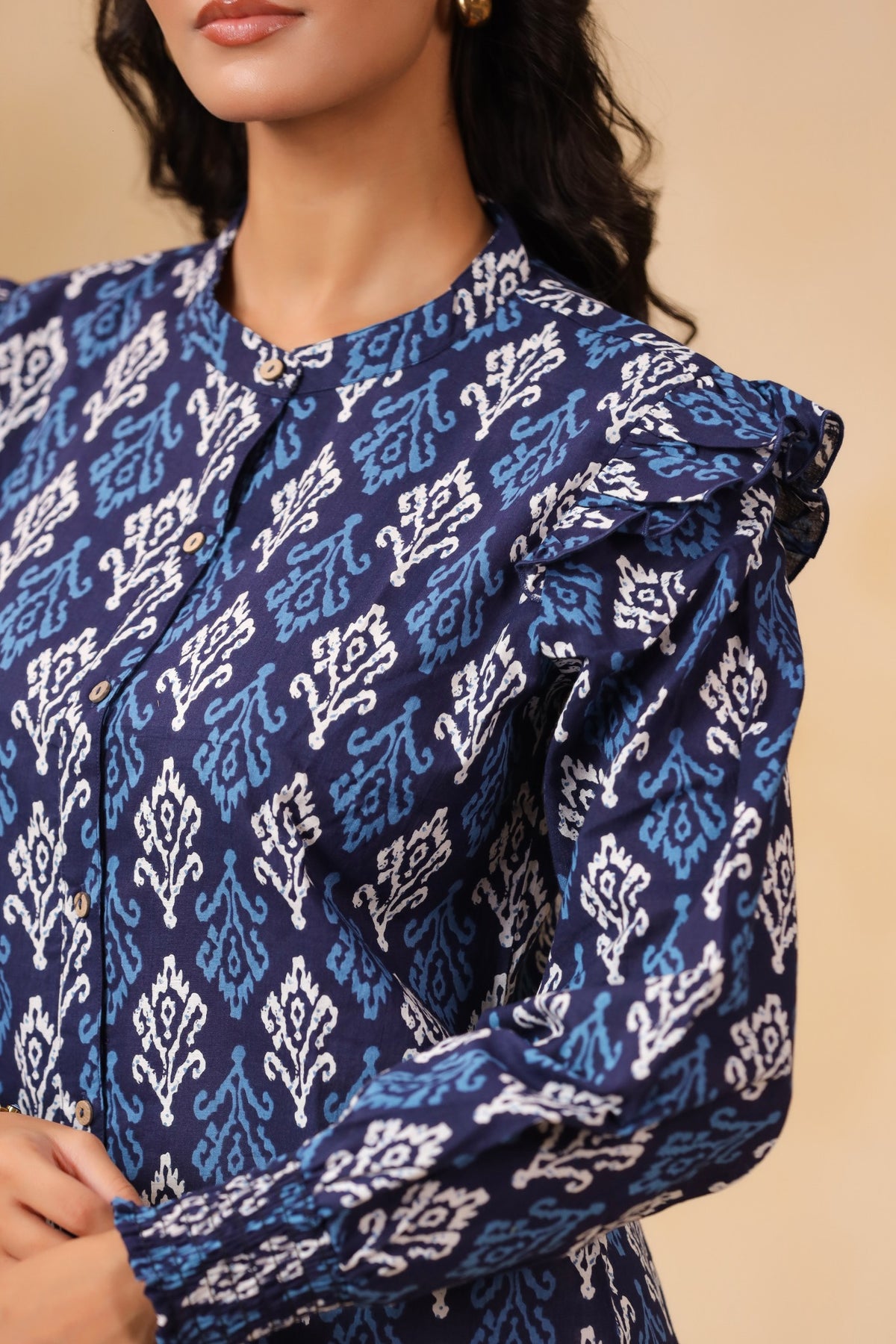Navy Blue Ikat Print Ruffle-Sleeve Shirt