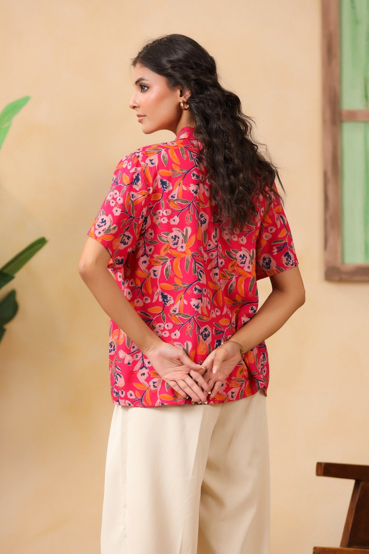 Hot Pink Floral Asymmetric Hem Shirt for Women