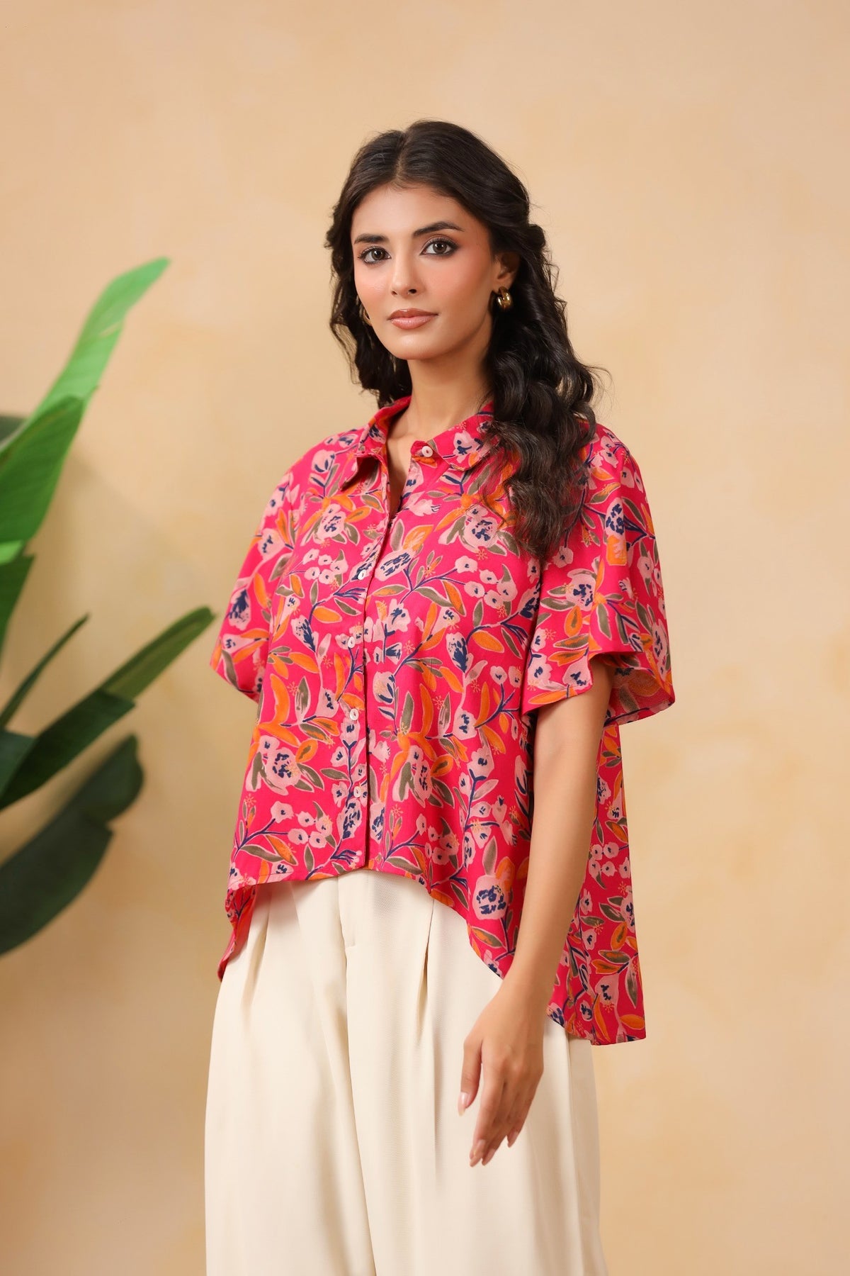Hot Pink Floral Asymmetric Hem Shirt for Women