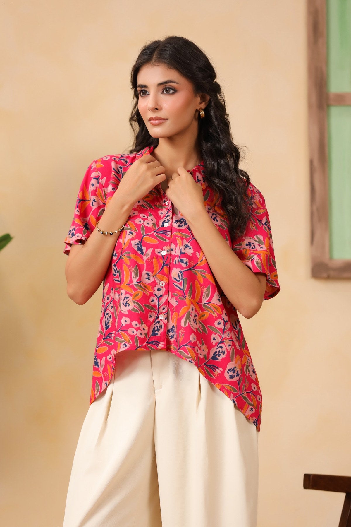Hot Pink Floral Asymmetric Hem Shirt for Women