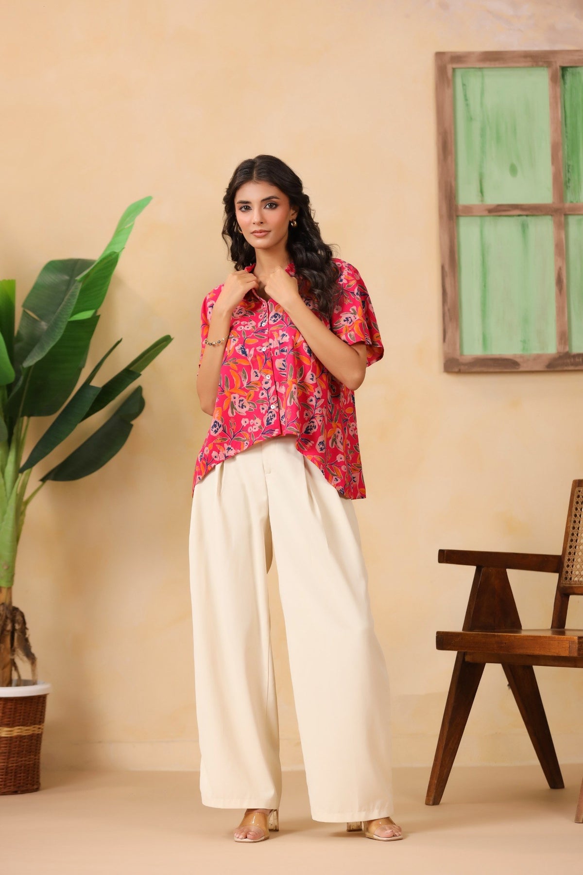 Hot Pink Floral Asymmetric Hem Shirt for Women