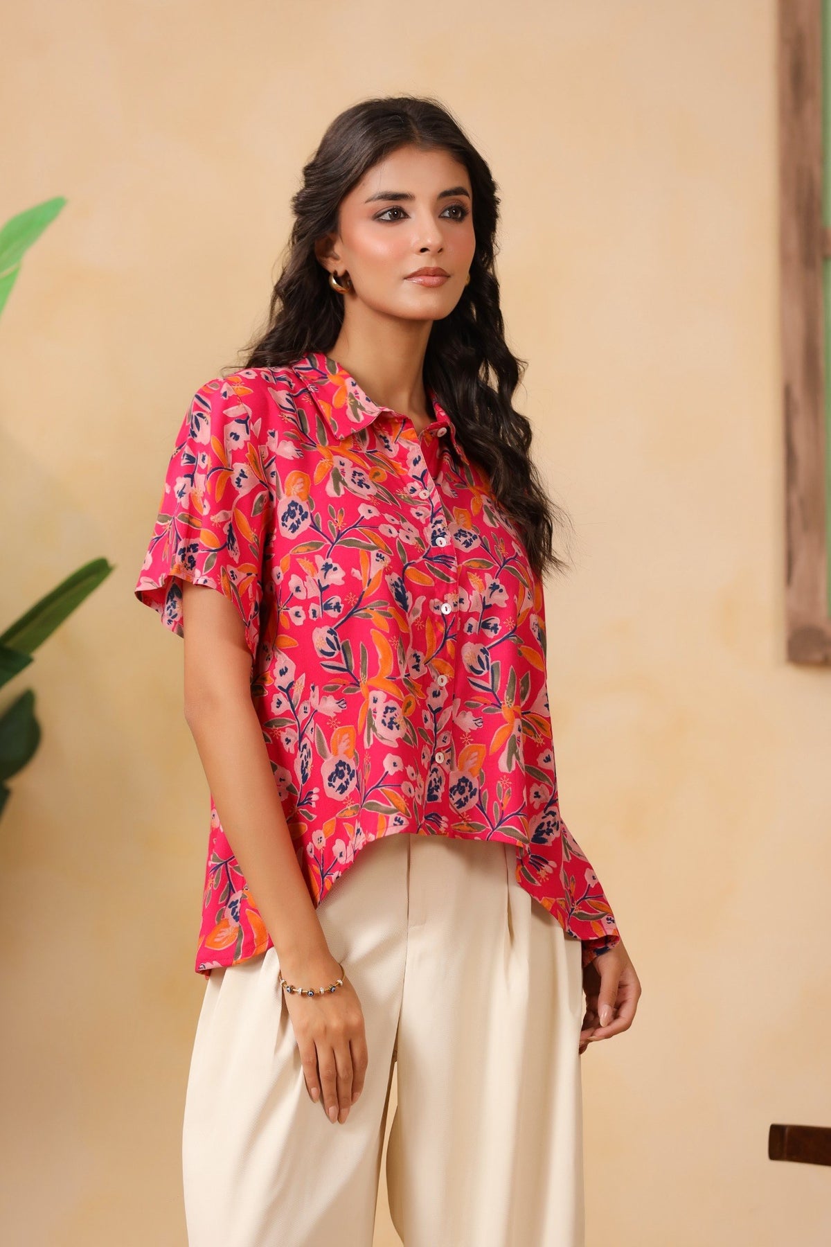 Hot Pink Floral Asymmetric Hem Shirt for Women