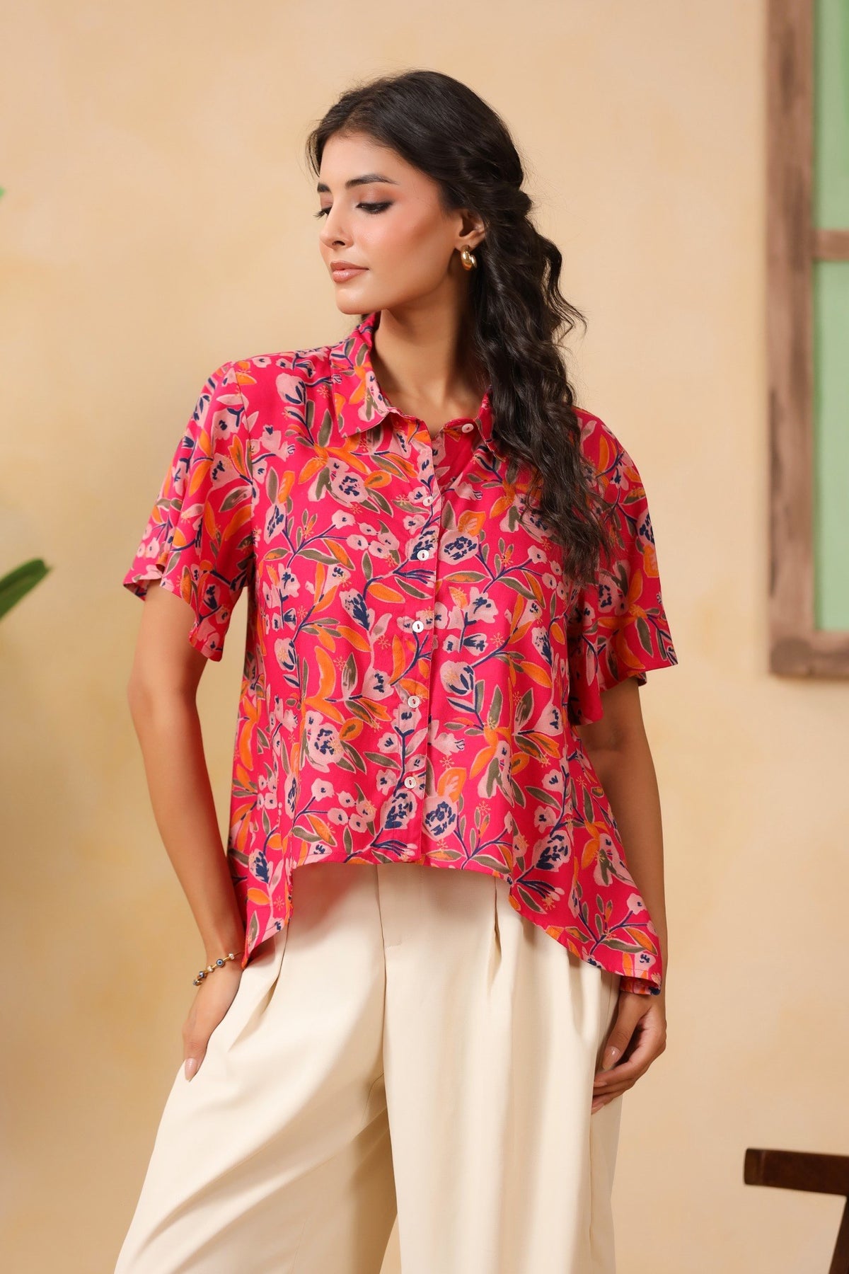 Hot Pink Floral Asymmetric Hem Shirt for Women