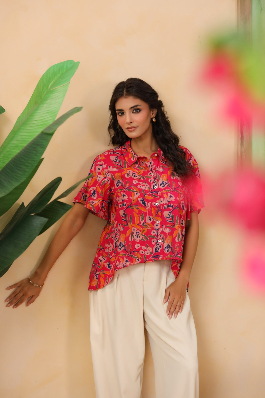 Hot Pink Floral Asymmetric Hem Shirt for Women