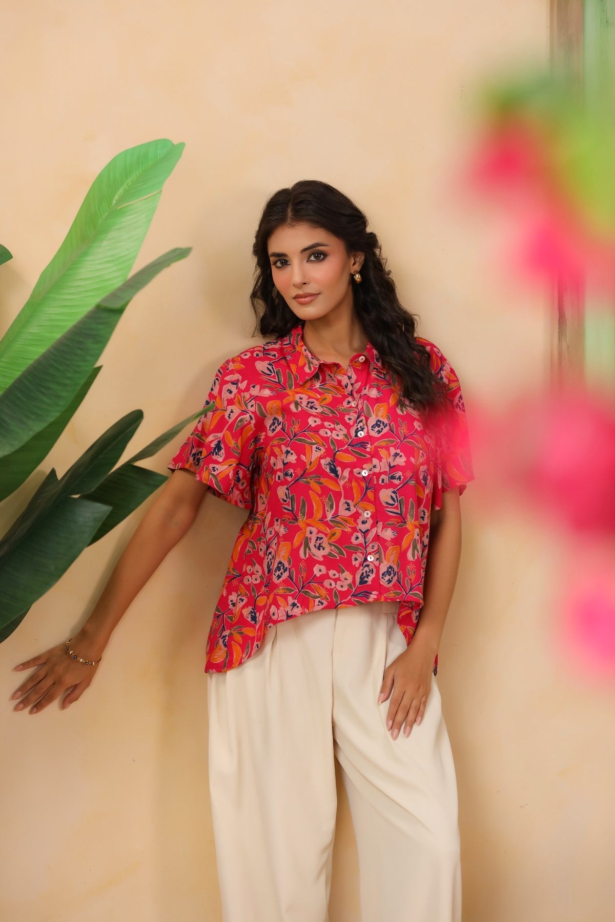 Hot Pink Floral Asymmetric Hem Shirt for Women