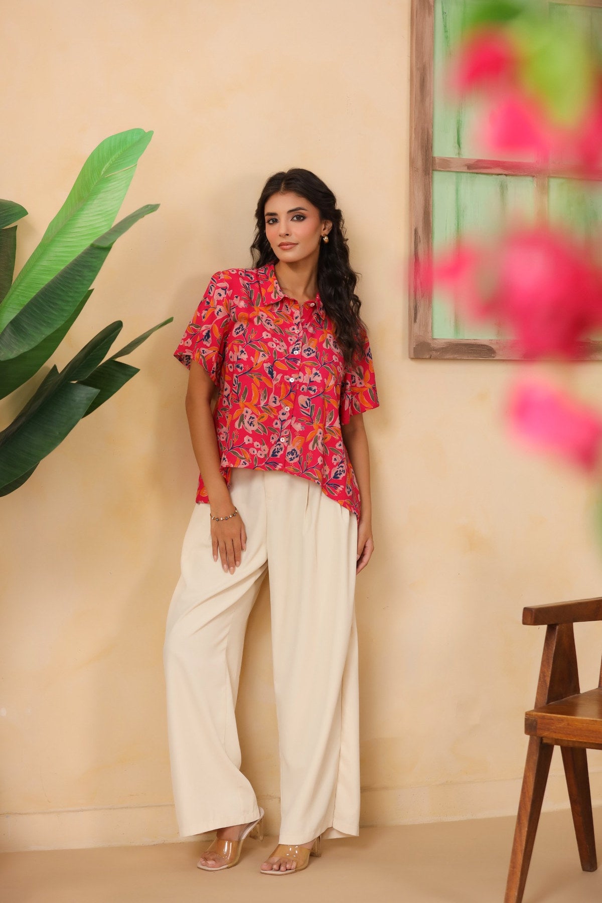 Hot Pink Floral Asymmetric Hem Shirt for Women
