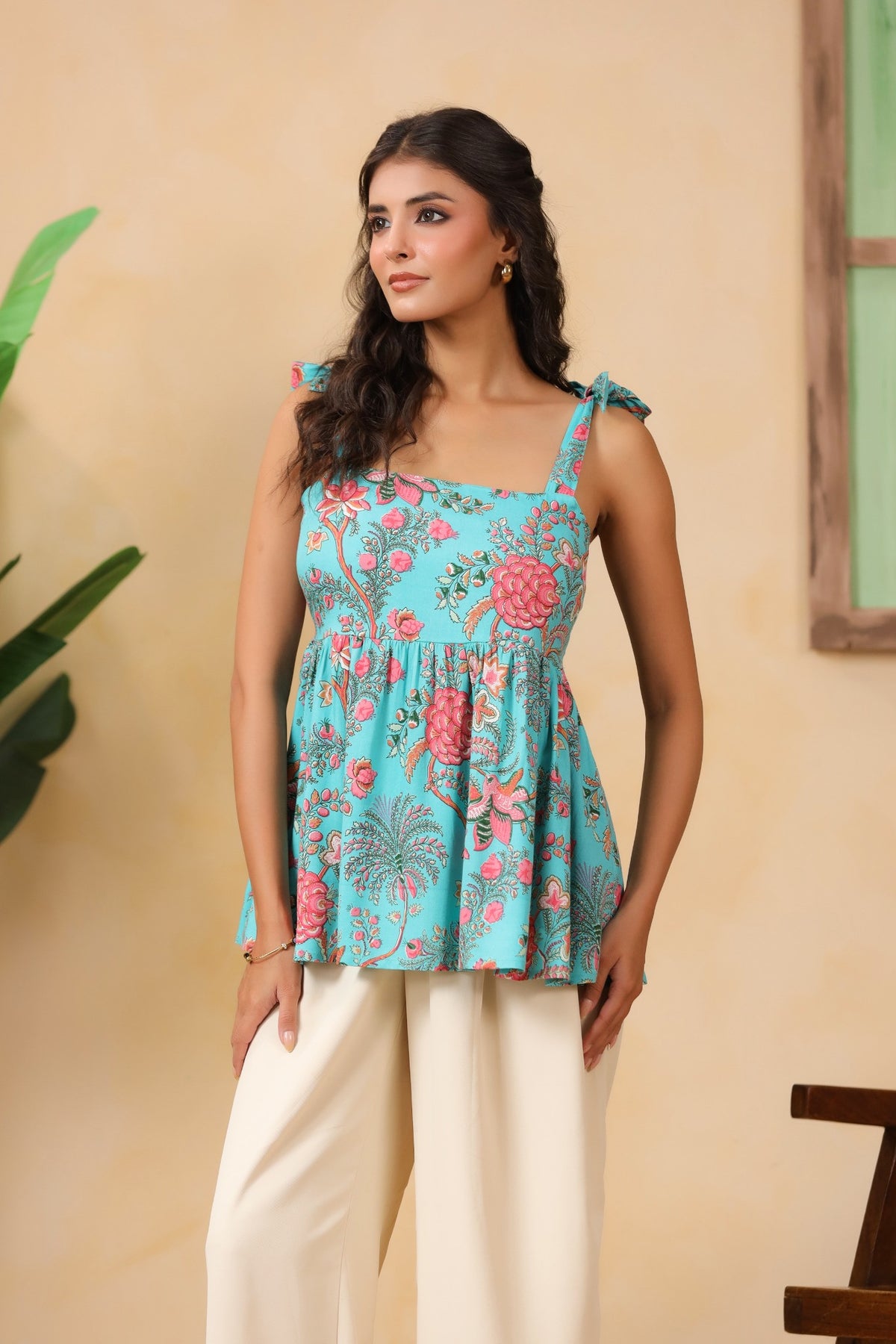 Aqua Blue Floral Tie-Up Strap Peplum Top for Women