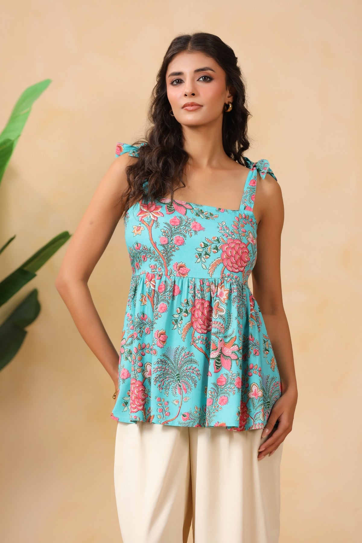 Aqua Blue Floral Tie-Up Strap Peplum Top for Women