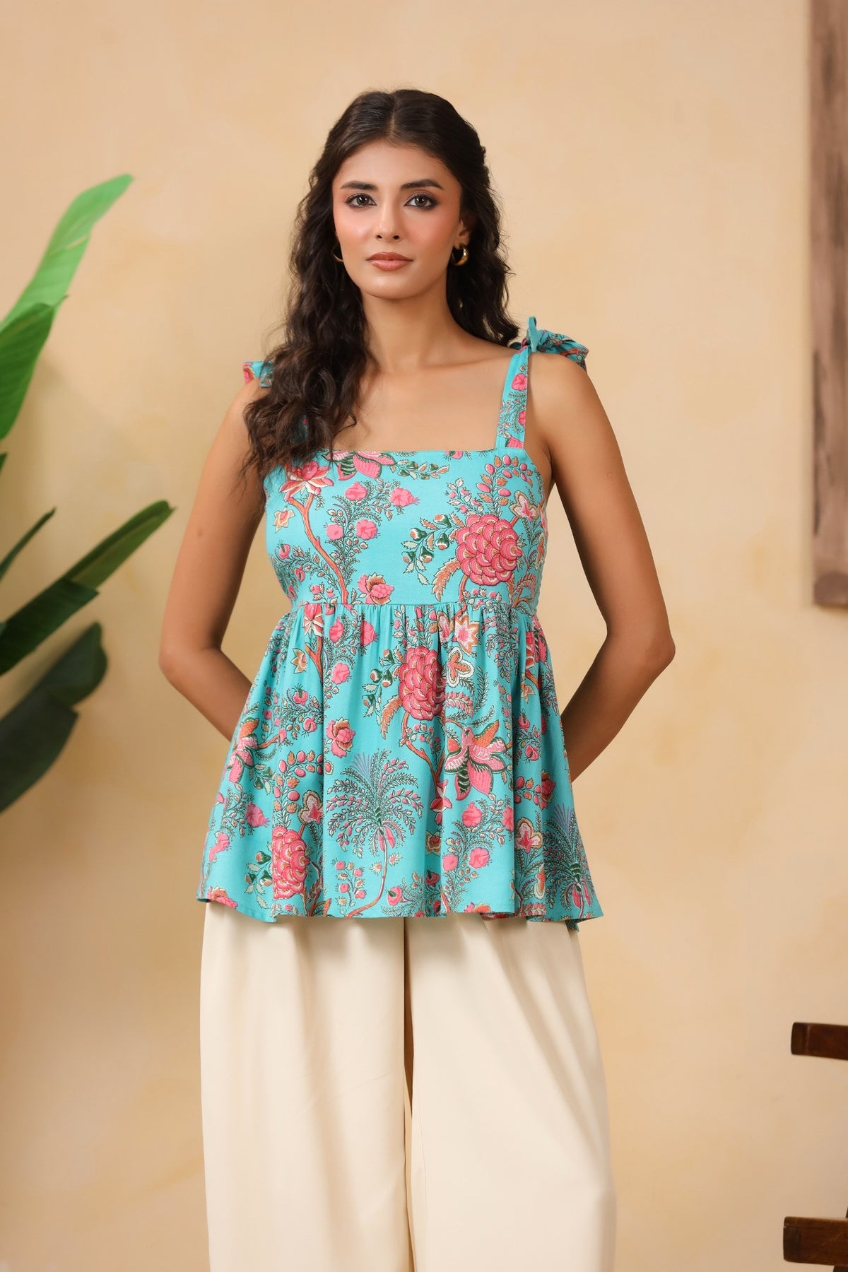 Aqua Blue Floral Tie-Up Strap Peplum Top for Women
