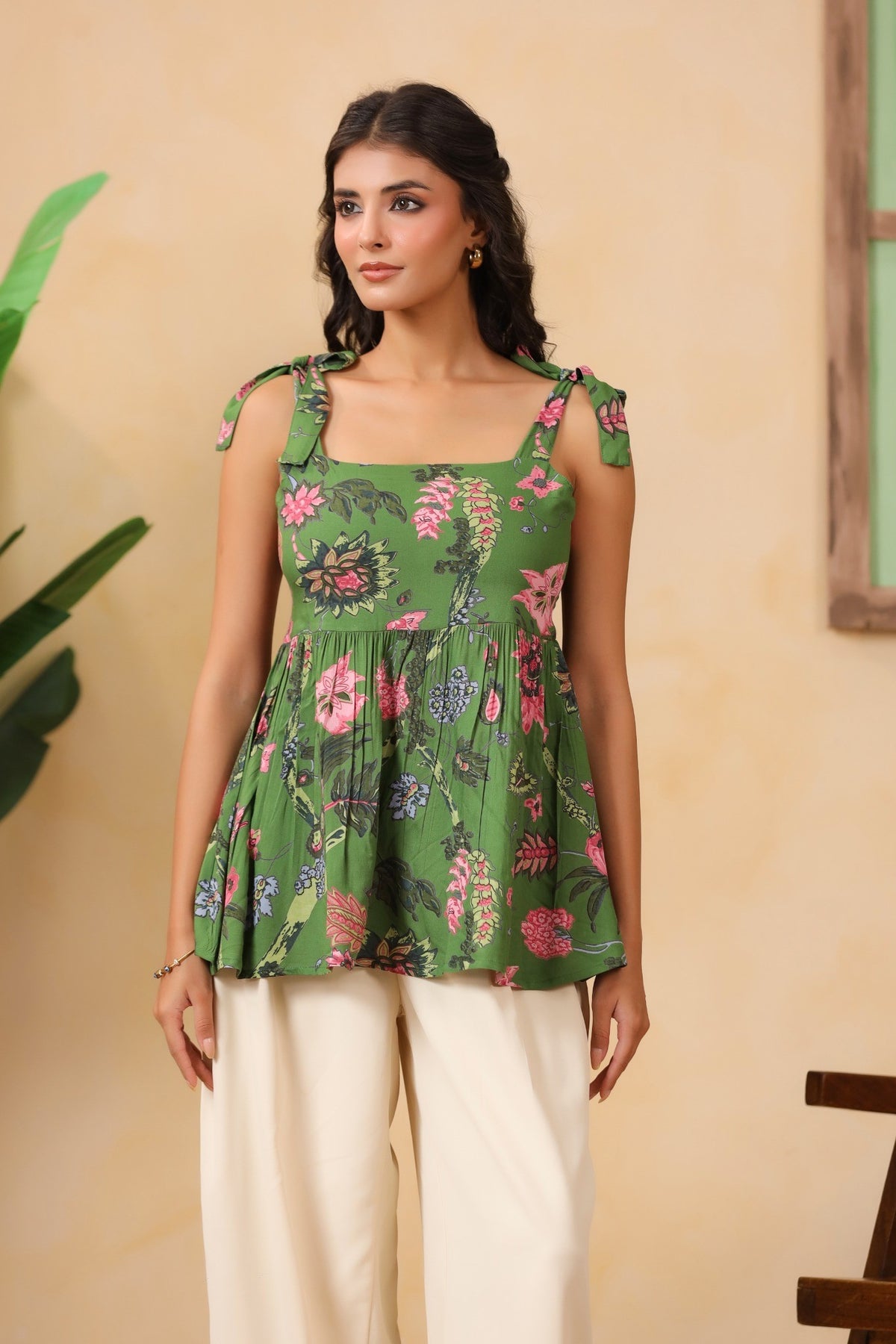 Olive Green Floral Tie-Up Strap Peplum Top for Women