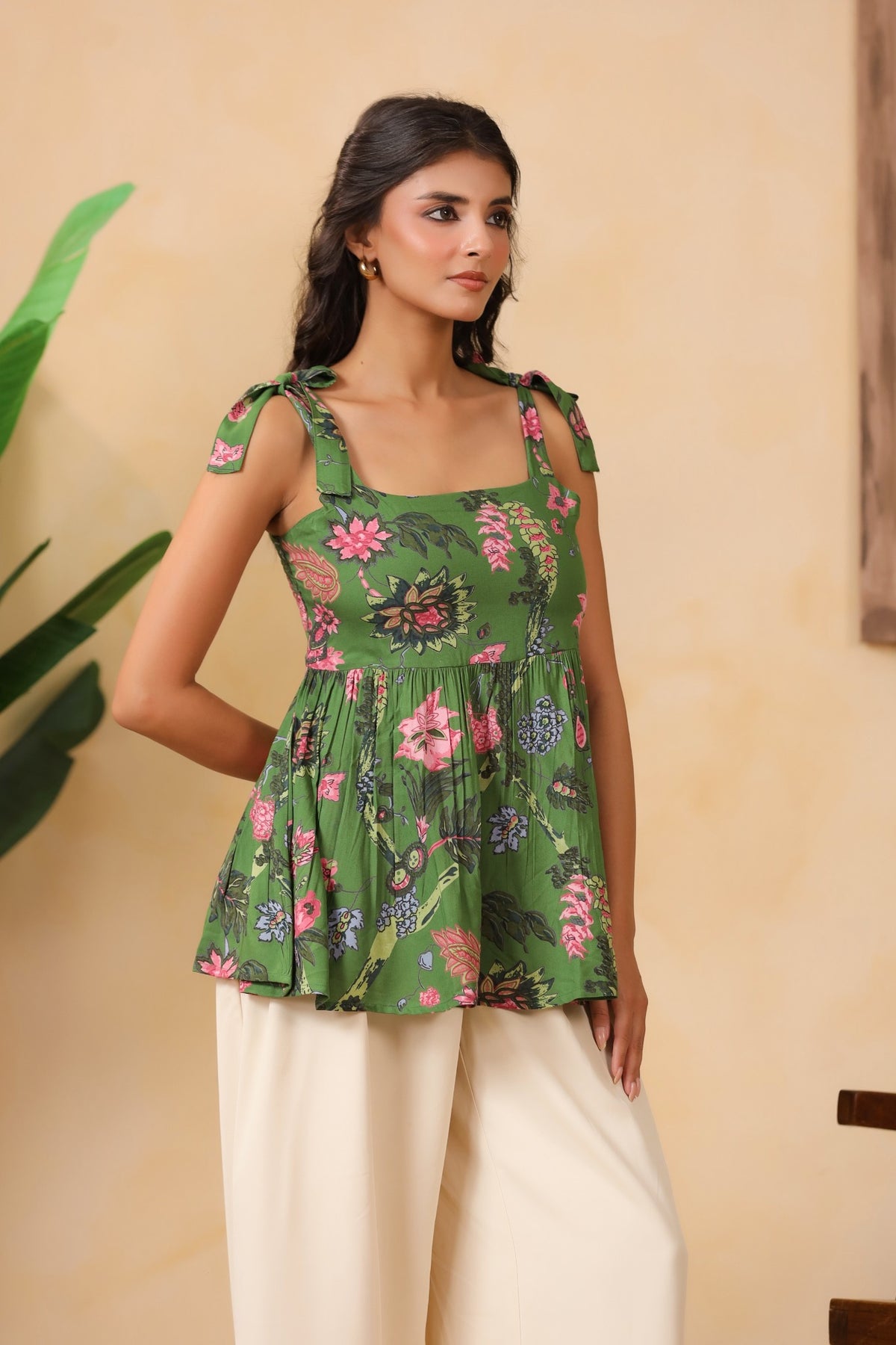 Olive Green Floral Tie-Up Strap Peplum Top for Women