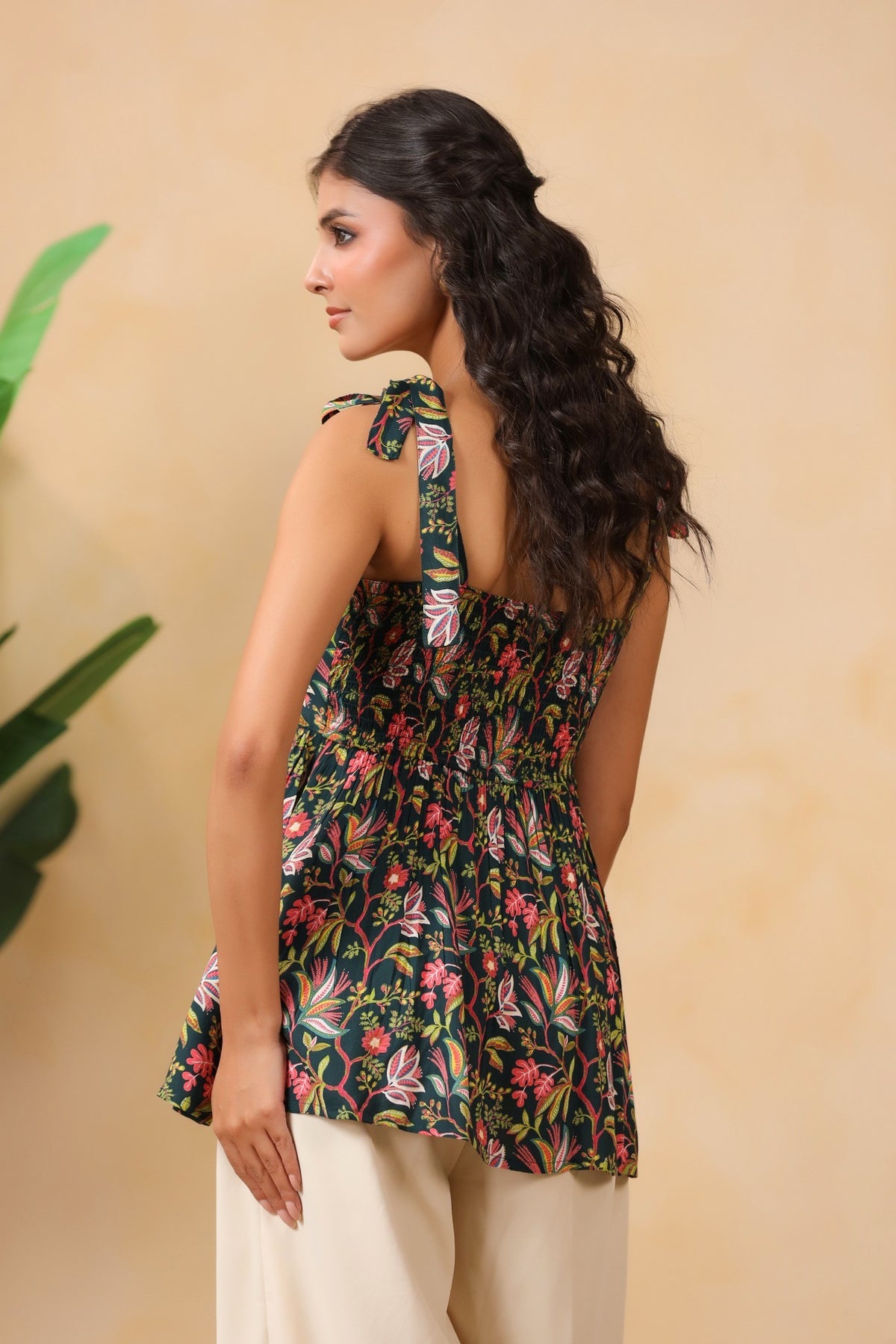 Forest Green Floral Tie-Up Strap Peplum Top
