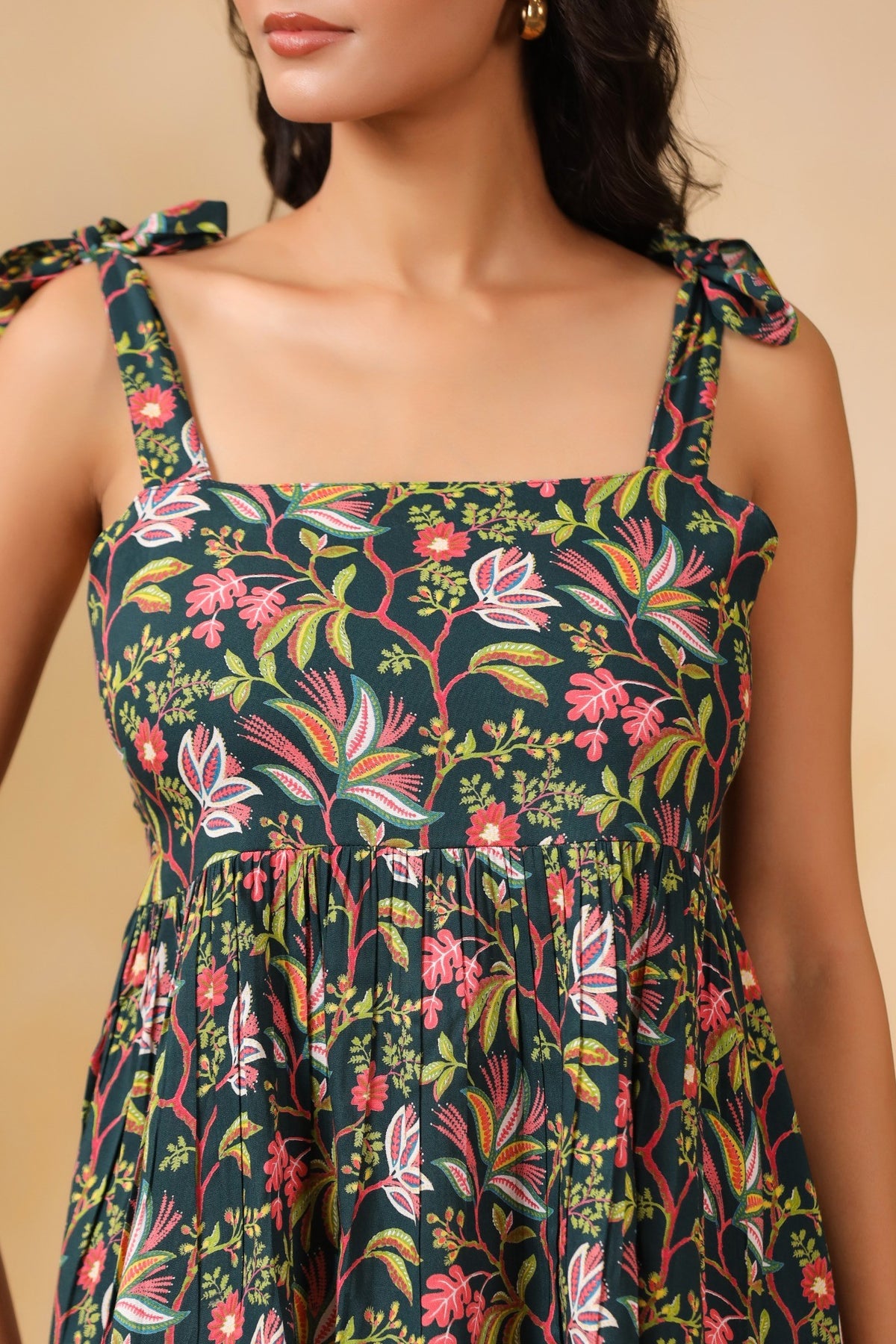 Forest Green Floral Tie-Up Strap Peplum Top