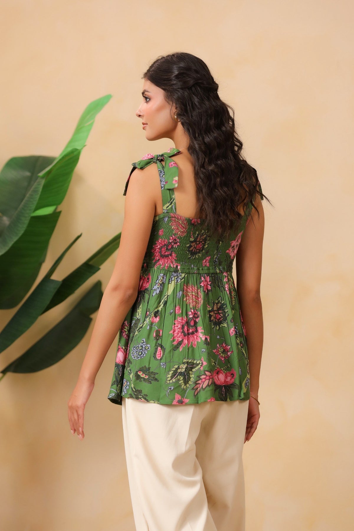 Olive Green Floral Tie-Up Strap Peplum Top for Women