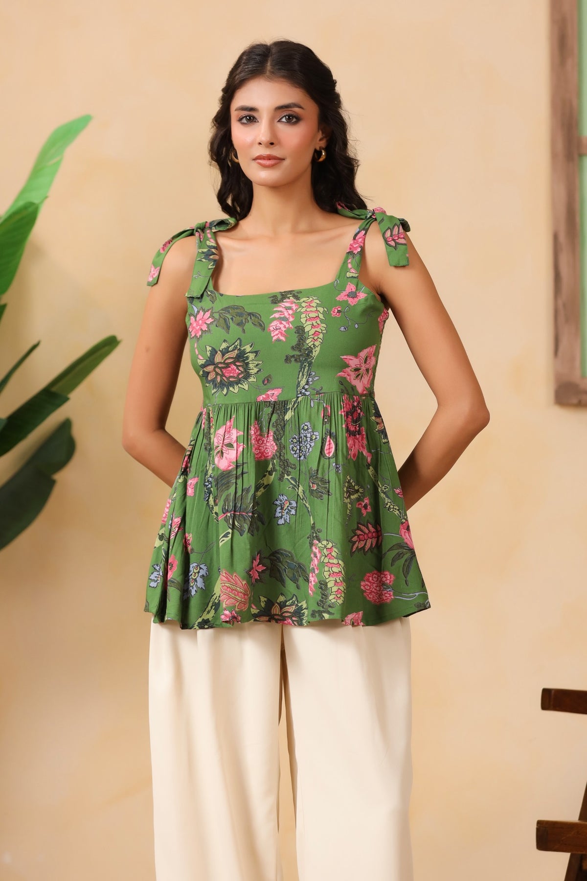 Olive Green Floral Tie-Up Strap Peplum Top for Women