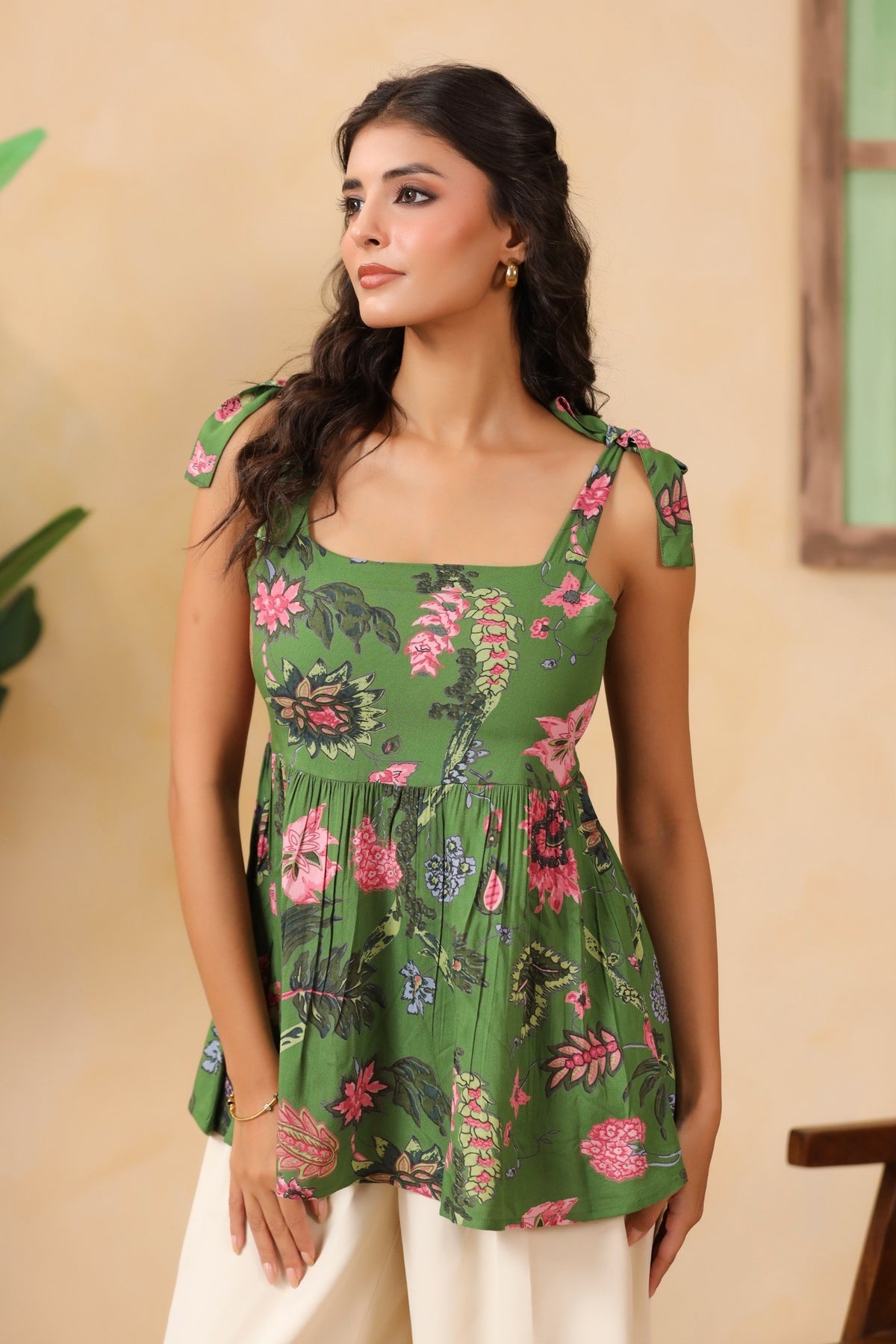 Olive Green Floral Tie-Up Strap Peplum Top for Women