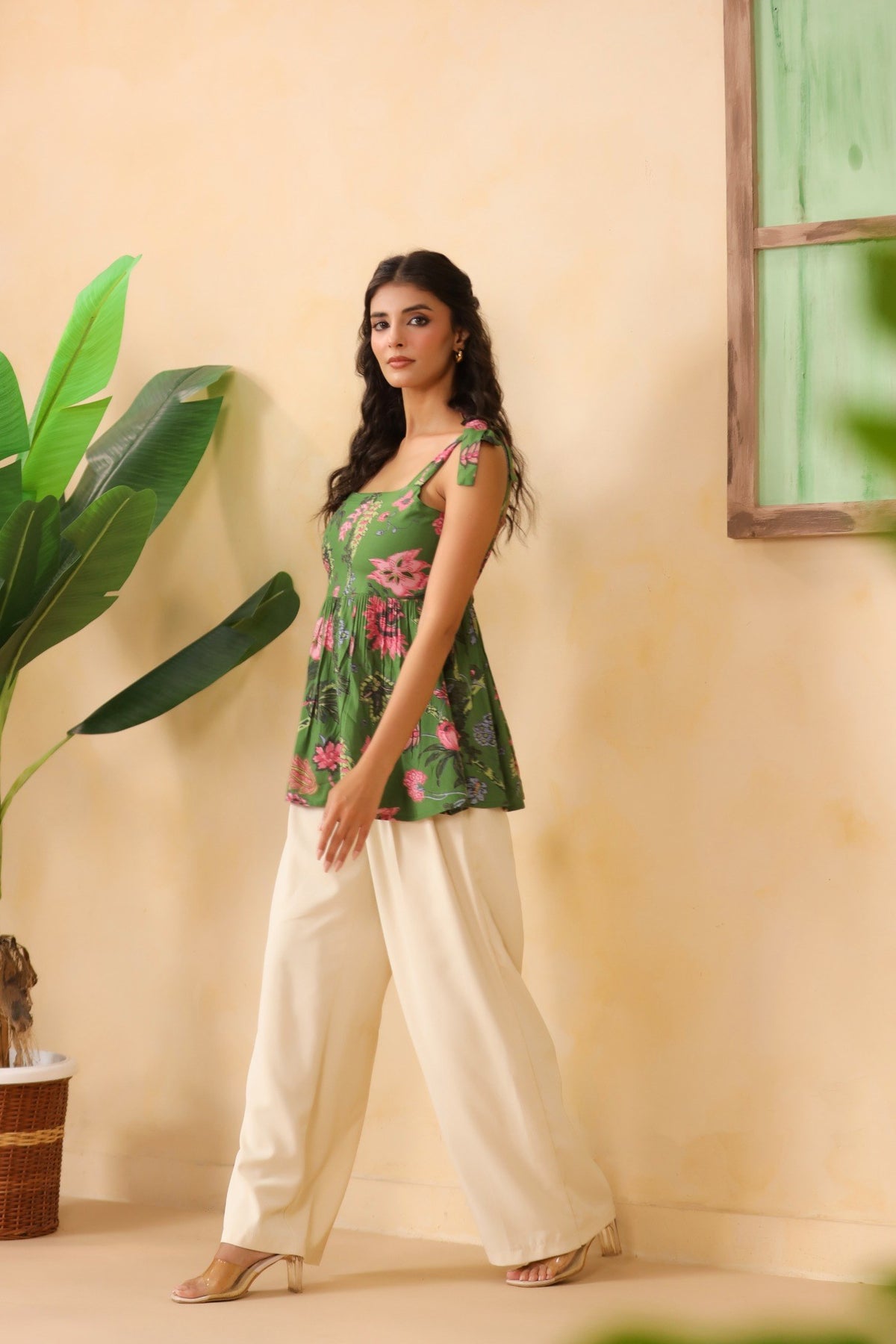 Olive Green Floral Tie-Up Strap Peplum Top for Women