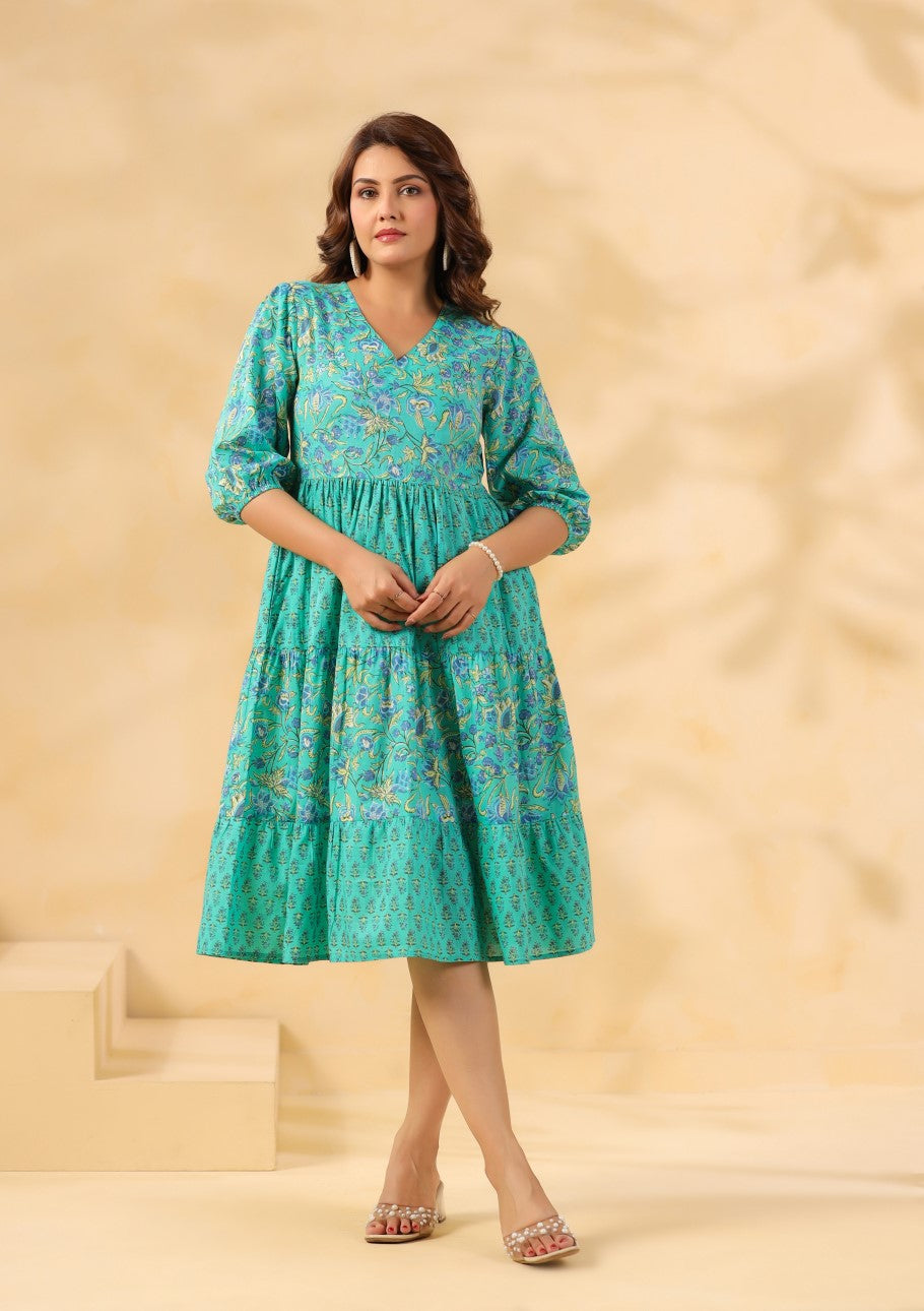 Teal floral print cotton kurta dress for women, elegant daily wear with tiered skirt and V-neck