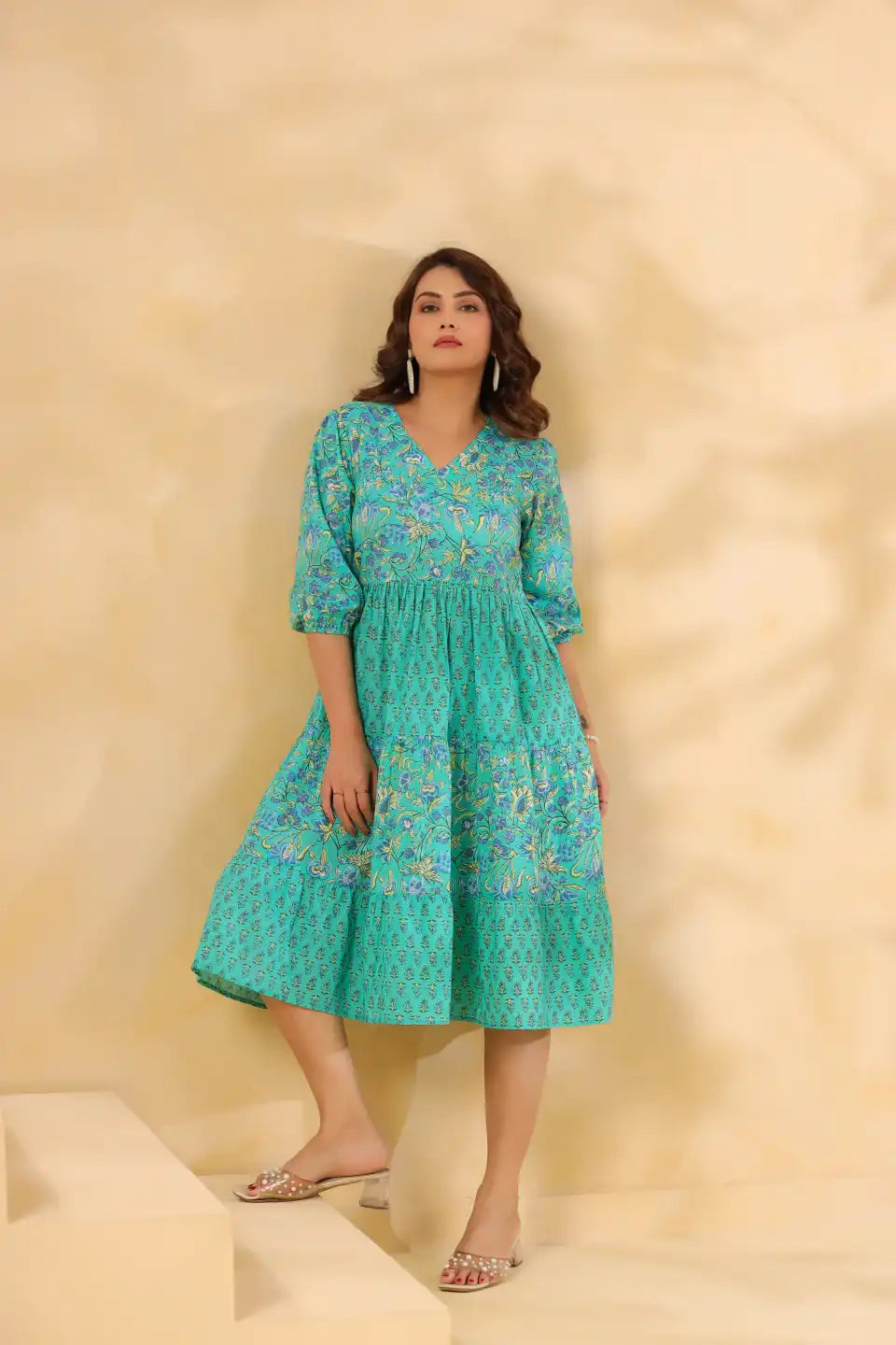 Teal floral print cotton kurta dress for women, elegant daily wear with tiered skirt and V-neck