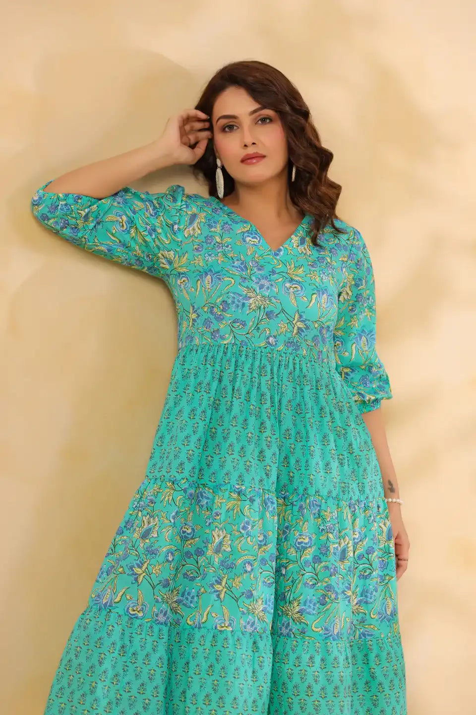 Teal floral print cotton kurta dress for women, elegant daily wear with tiered design