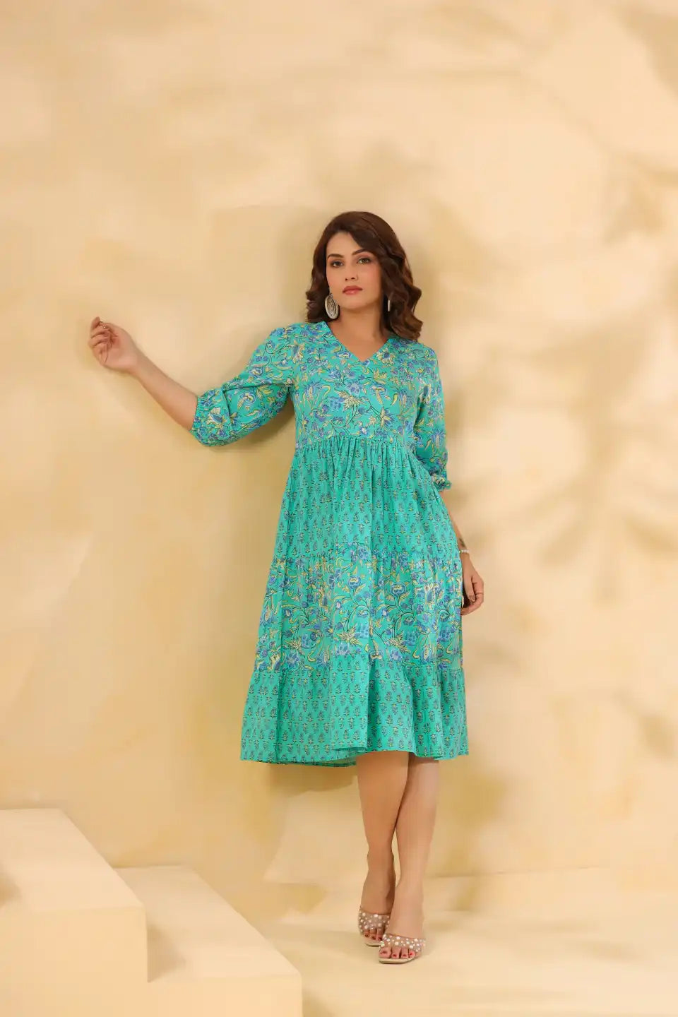 Teal floral print cotton kurta dress for women, elegant daily wear with tiered skirt and 3/4 sleeves