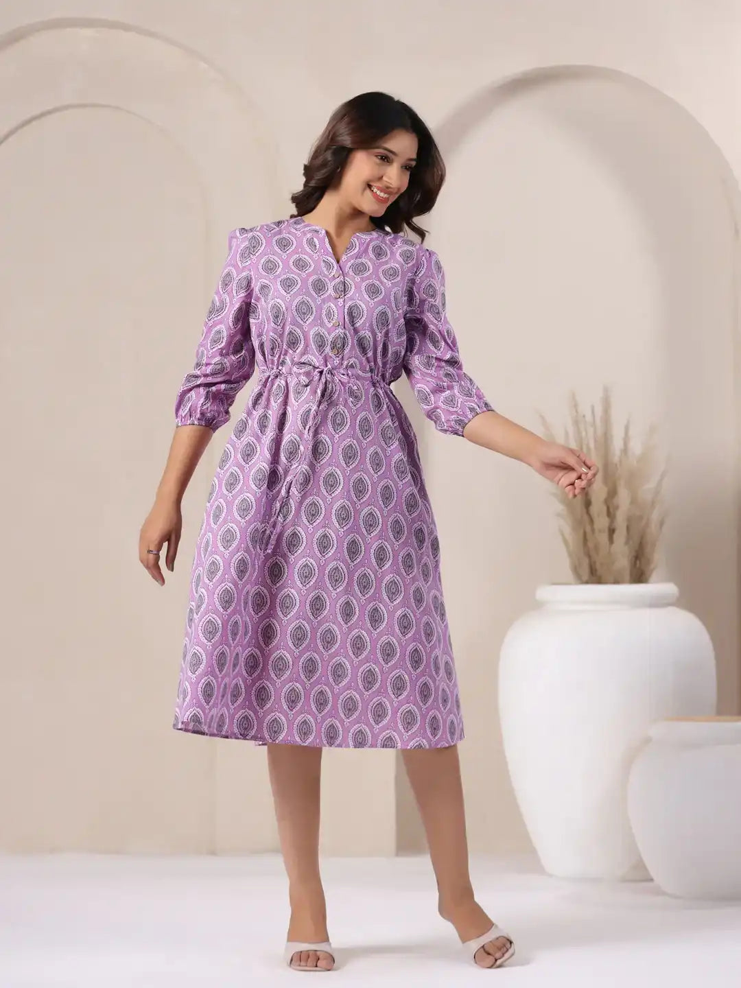 Purple printed cotton kurta dress with tie waist, elegant for daily wear or office